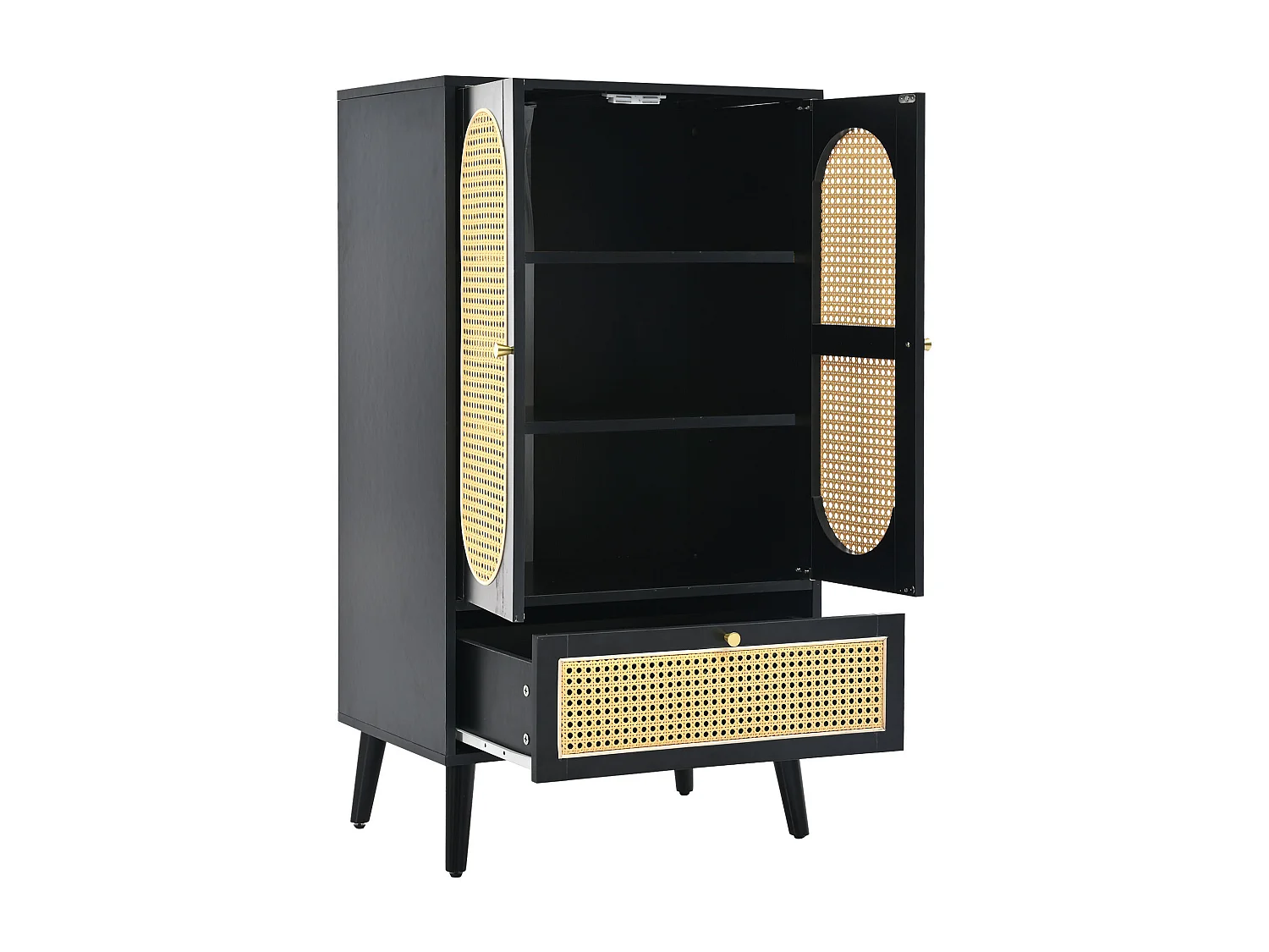 Buffet rotin 60x40x110.5 cm avec 2 portes 1 tiroir de rangement - pieds réglables - bois - noir