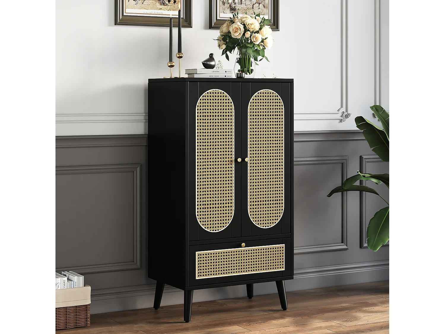 Buffet haut 60x40x110.5 cm, 2 portes, 1 tiroir, design rotin, pieds réglables, panneaux de particules noir