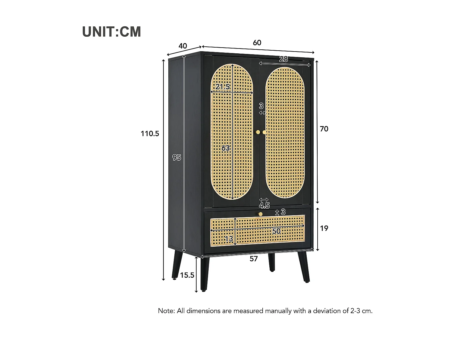 Buffet haut 60x40x110.5 cm, 2 portes, 1 tiroir, design rotin, pieds réglables, panneaux de particules noir