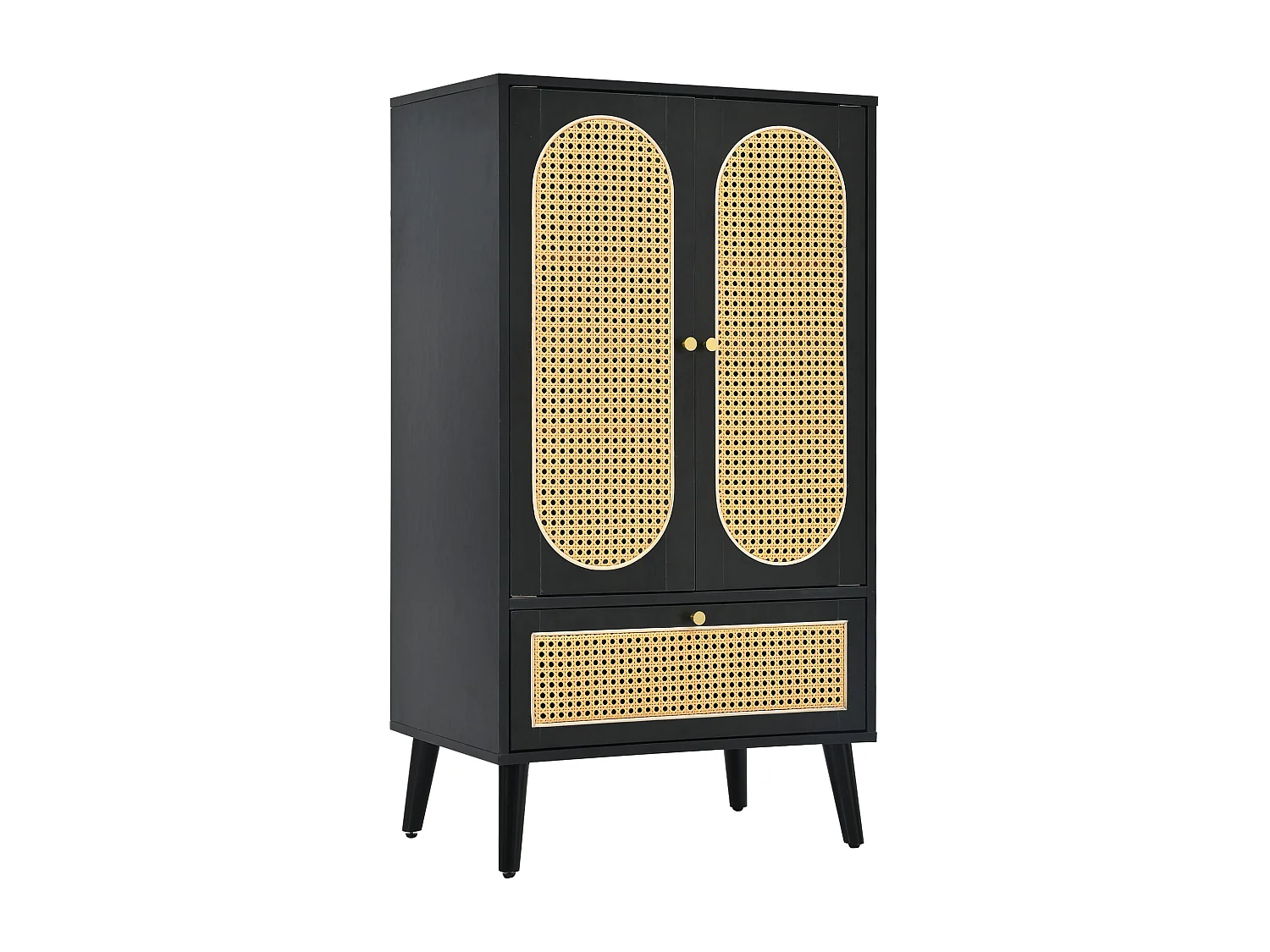 Buffet haut 60x40x110.5 cm, 2 portes, 1 tiroir, design rotin, pieds réglables, panneaux de particules noir