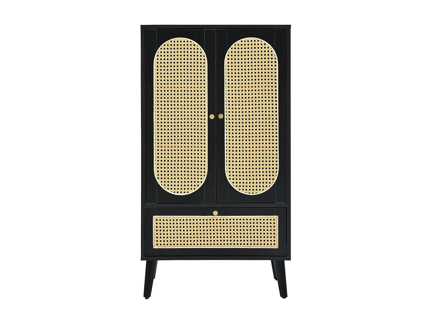 Buffet haut 60x40x110.5 cm, 2 portes, 1 tiroir, design rotin, pieds réglables, panneaux de particules noir
