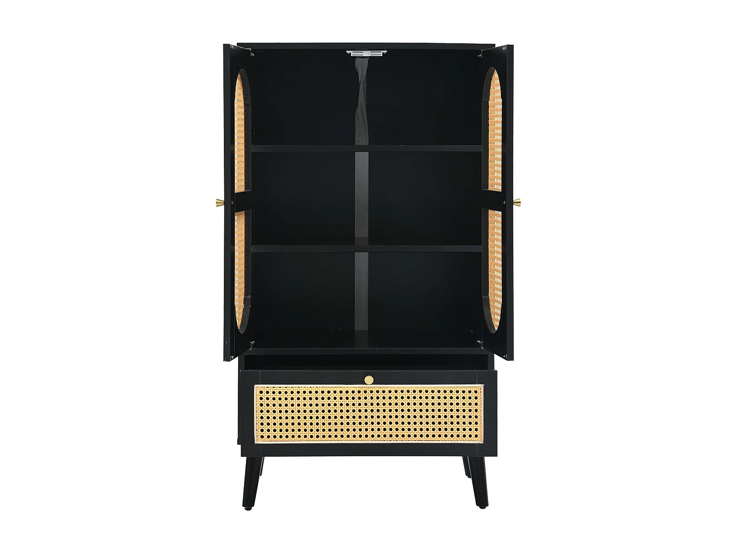 Buffet haut 60x40x110.5 cm, 2 portes, 1 tiroir, design rotin, pieds réglables, panneaux de particules noir