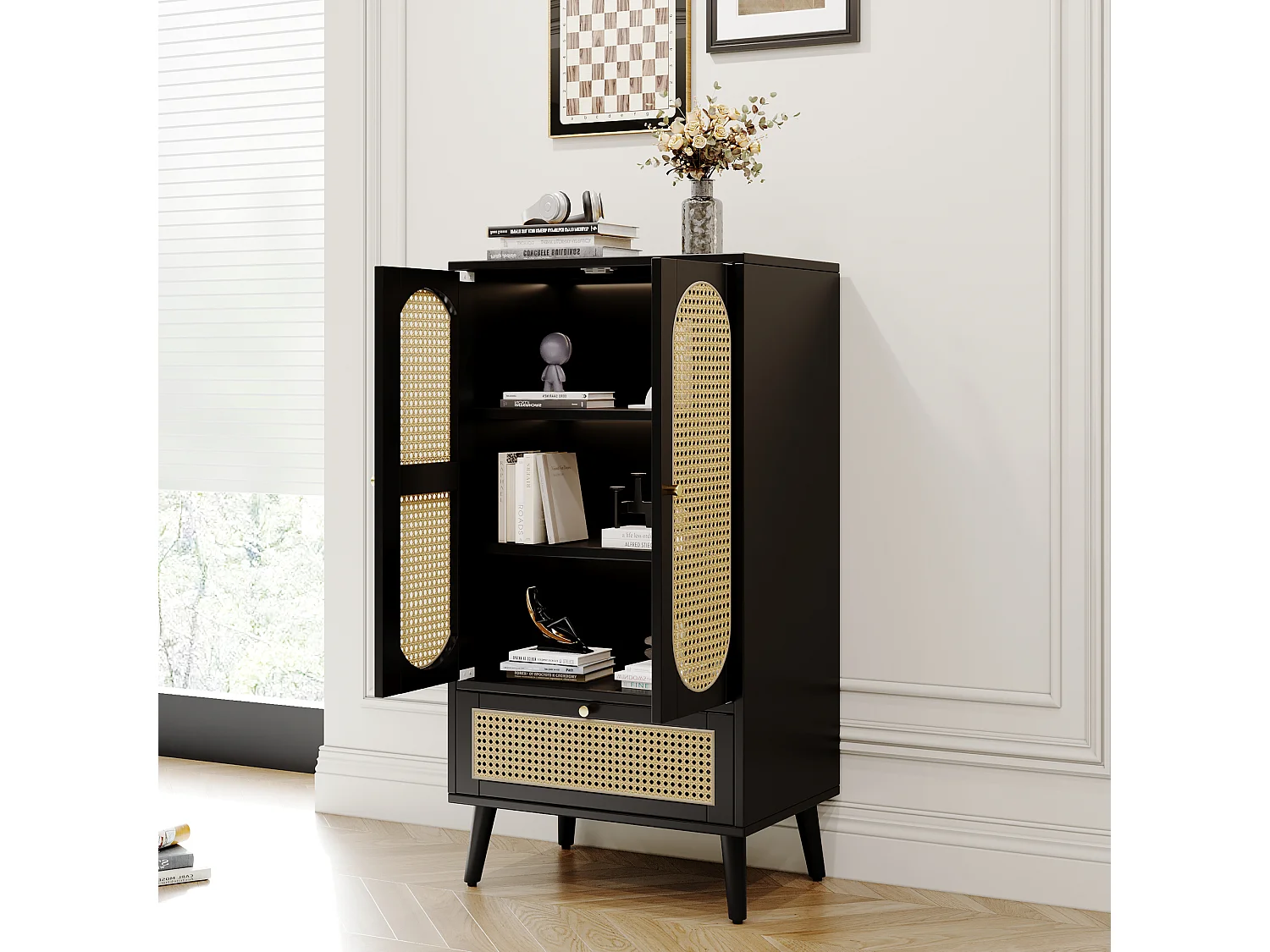 Buffet haut 60x40x110.5 cm, 2 portes, 1 tiroir, design rotin, pieds réglables, panneaux de particules noir