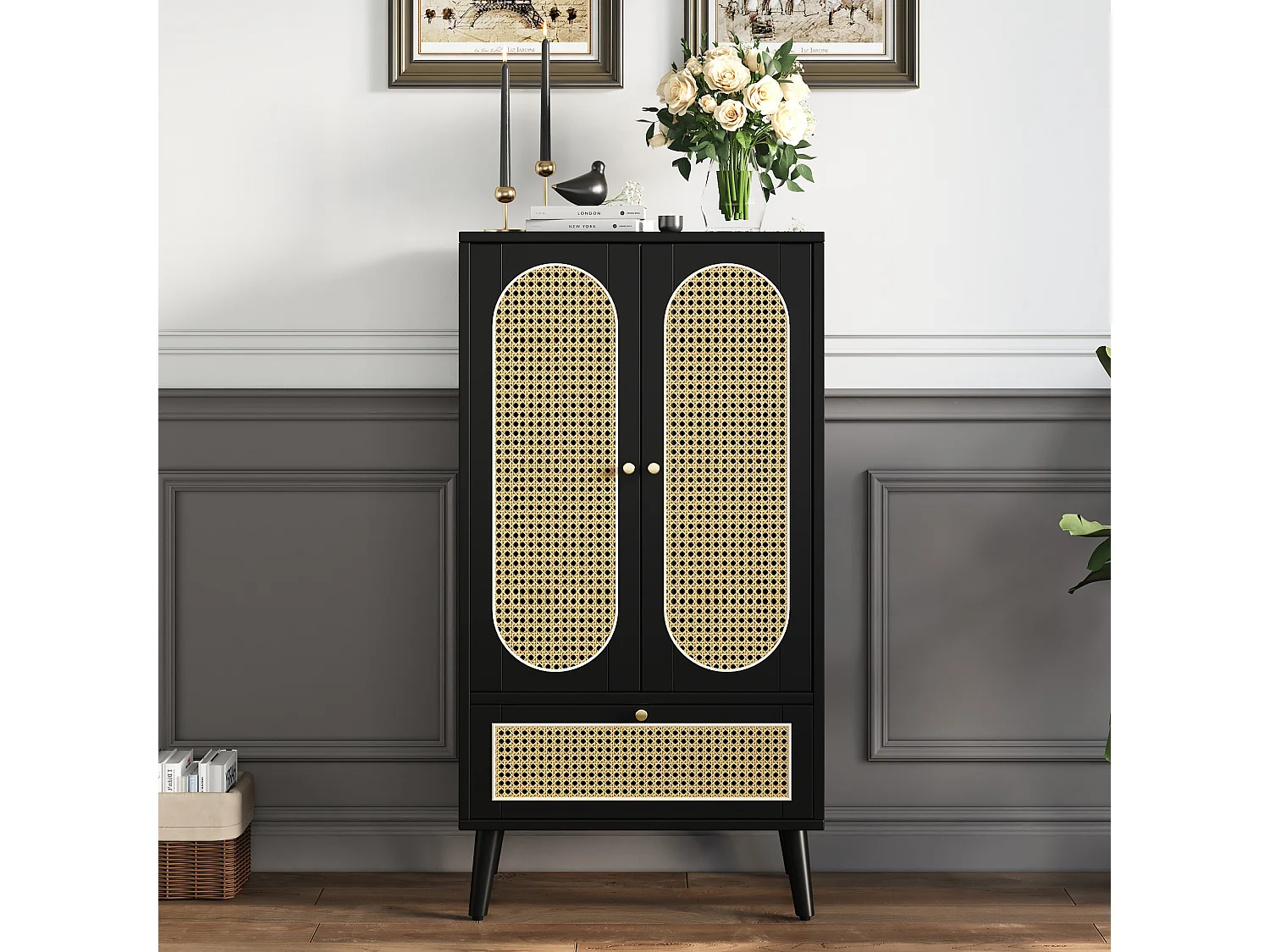 Buffet haut 60x40x110.5 cm, 2 portes, 1 tiroir, design rotin, pieds réglables, panneaux de particules noir