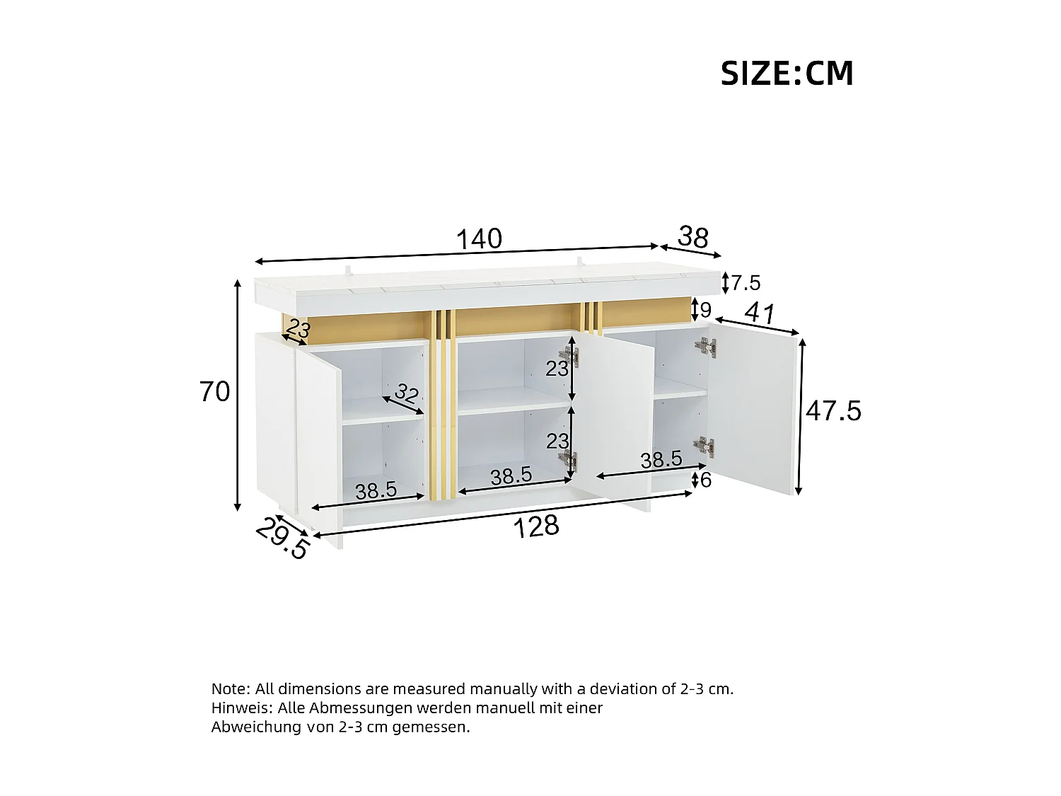 Buffet 140x38x70 cm avec 3 portes - plan de travail en marbre imitation et étagères réglables - bois - blanc