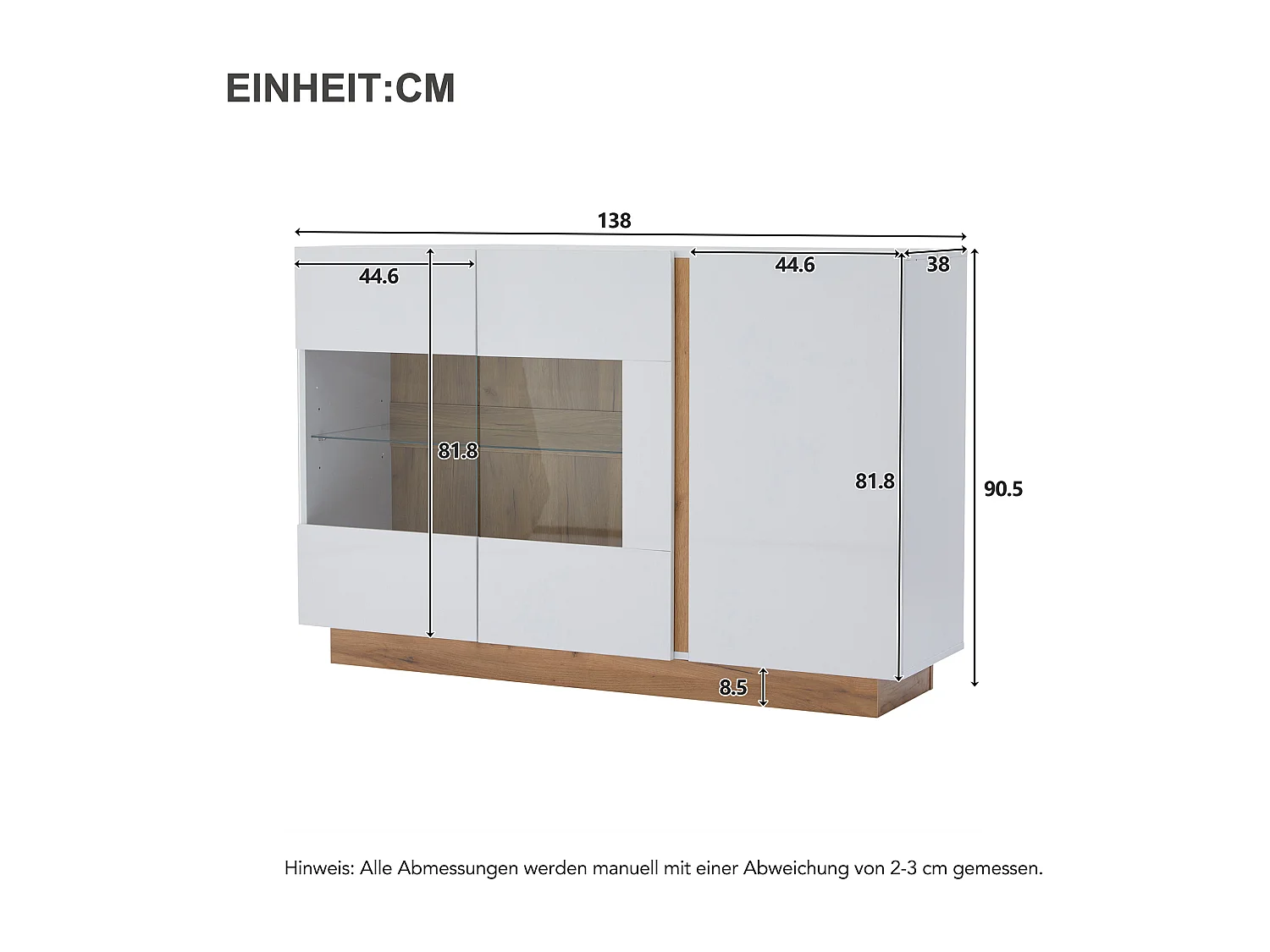 Buffet 138x38x90.5 cm LED avec 3 portes et verre décoratif - meuble de rangement - bois - blanc