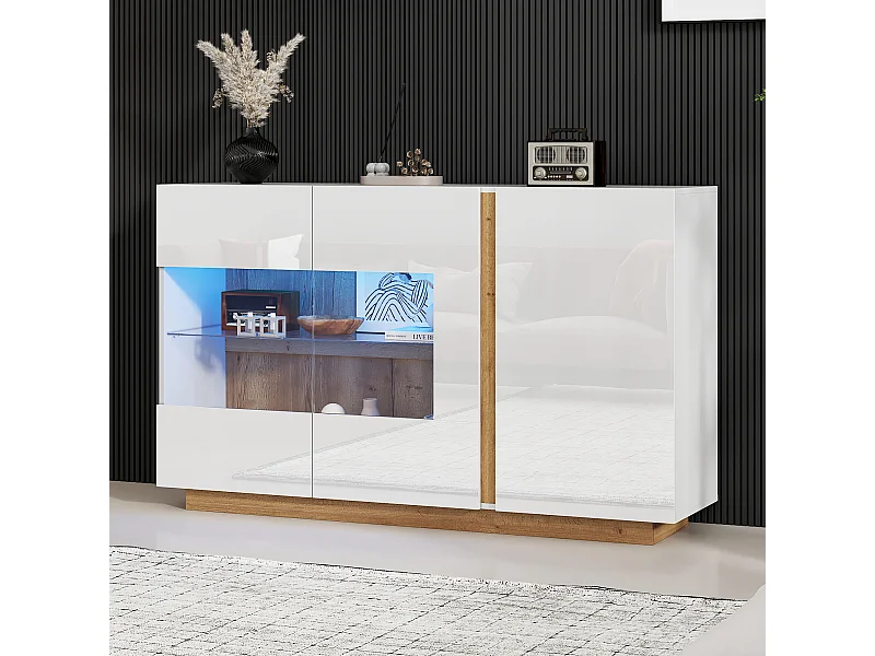 Buffet 138x38x90.5 cm LED avec 3 portes et verre décoratif - meuble de rangement - bois - blanc