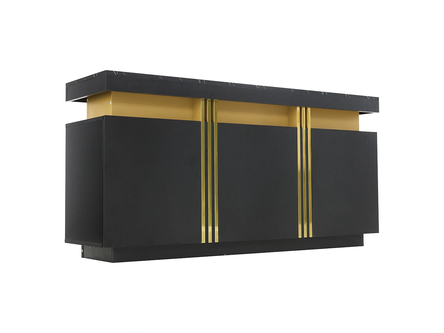 Buffet 140x38x70 cm, 3 portes, 6 compartiments avec étagères réglables, plateau effet marbre, panneaux de particules noirs