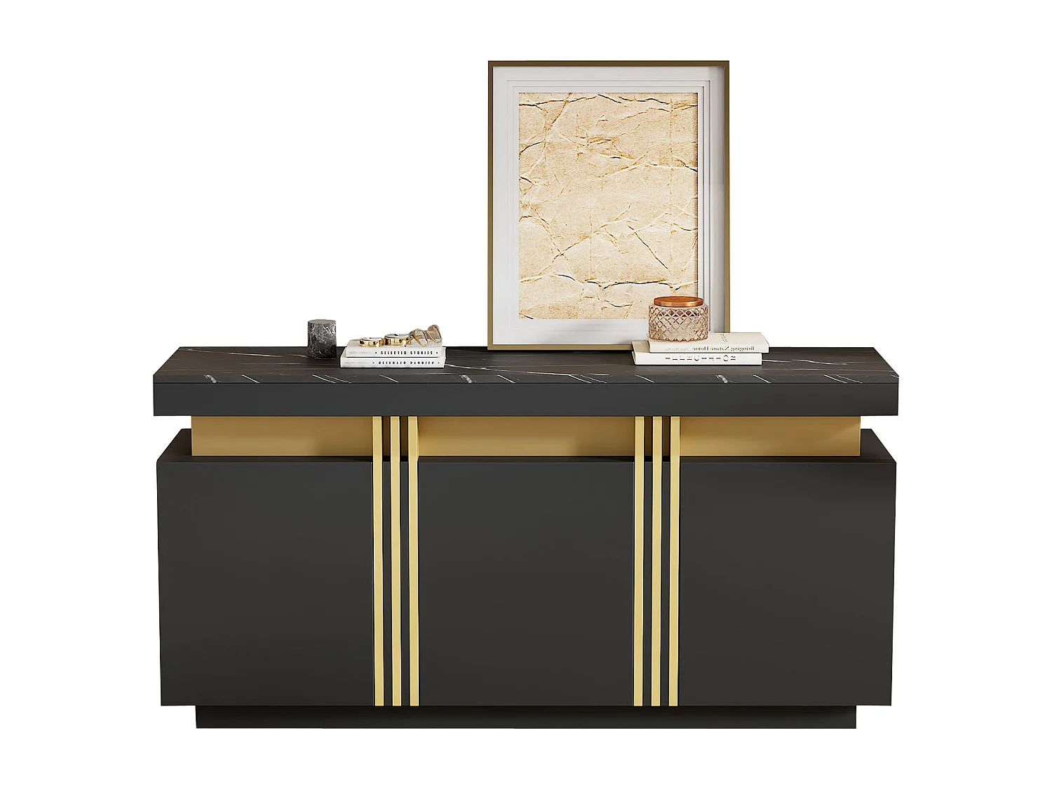 Buffet 140x38x70 cm, 3 portes, 6 compartiments avec étagères réglables, plateau effet marbre, panneaux de particules noirs