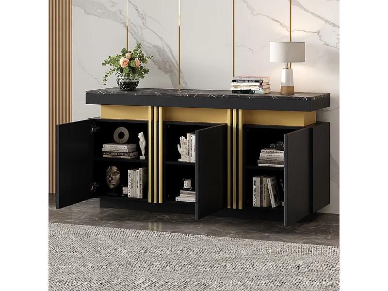 Buffet 140x38x70 cm avec 3 portes - plan de travail en marbre imitation et étagères réglables - bois - noir
