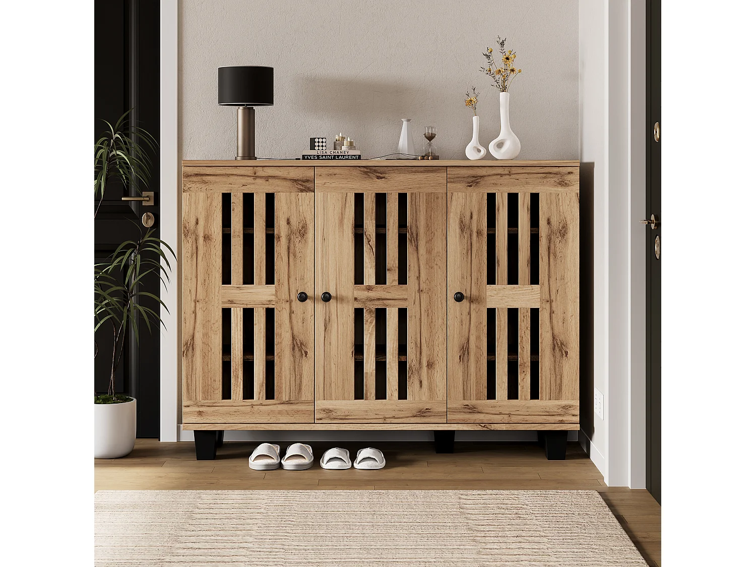 Buffet 120x32x92 cm LED avec 3 portes - meuble de rangement en bois - marron