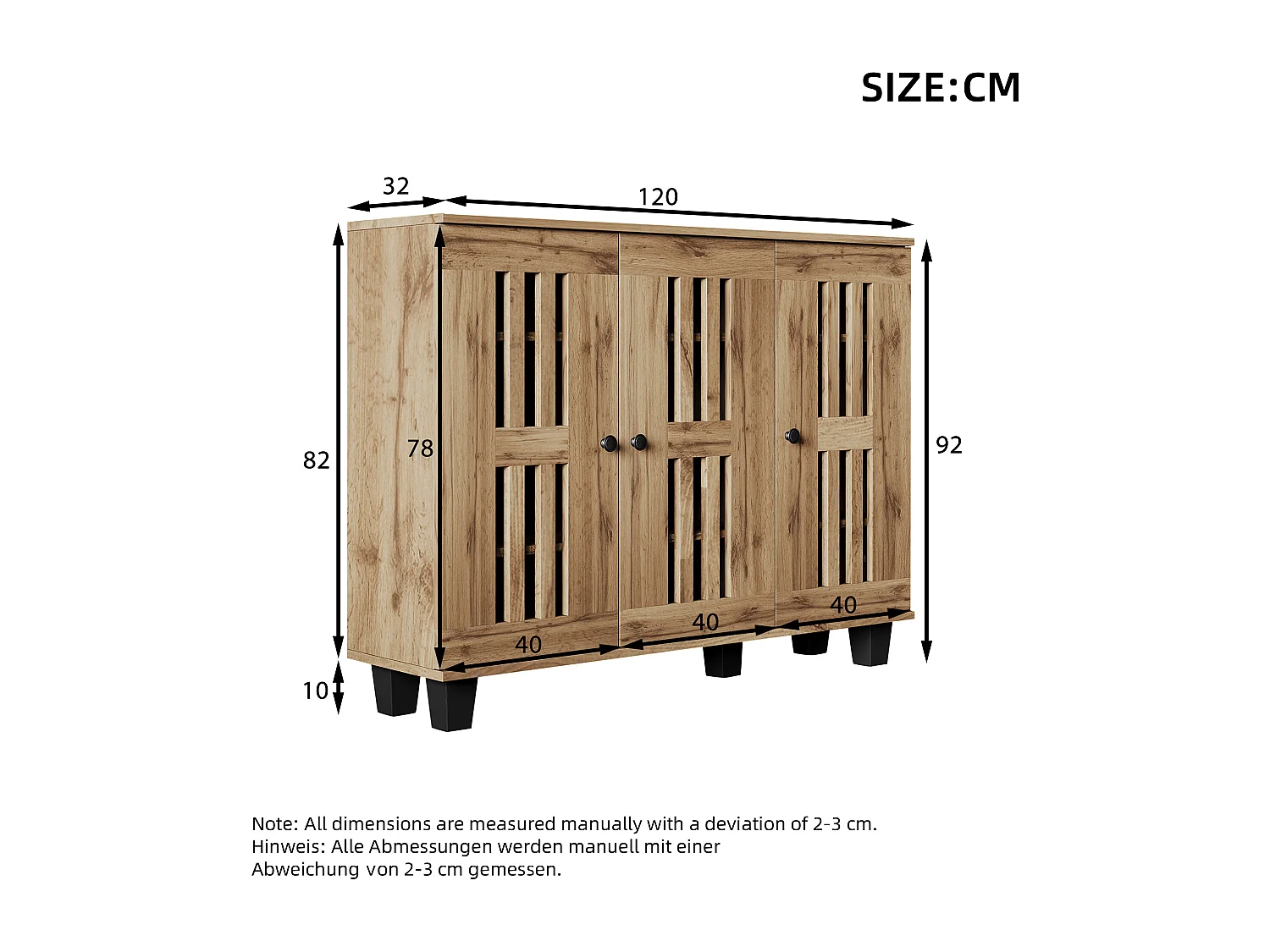 Buffet 120x32x92 cm LED avec 3 portes - meuble de rangement en bois - marron