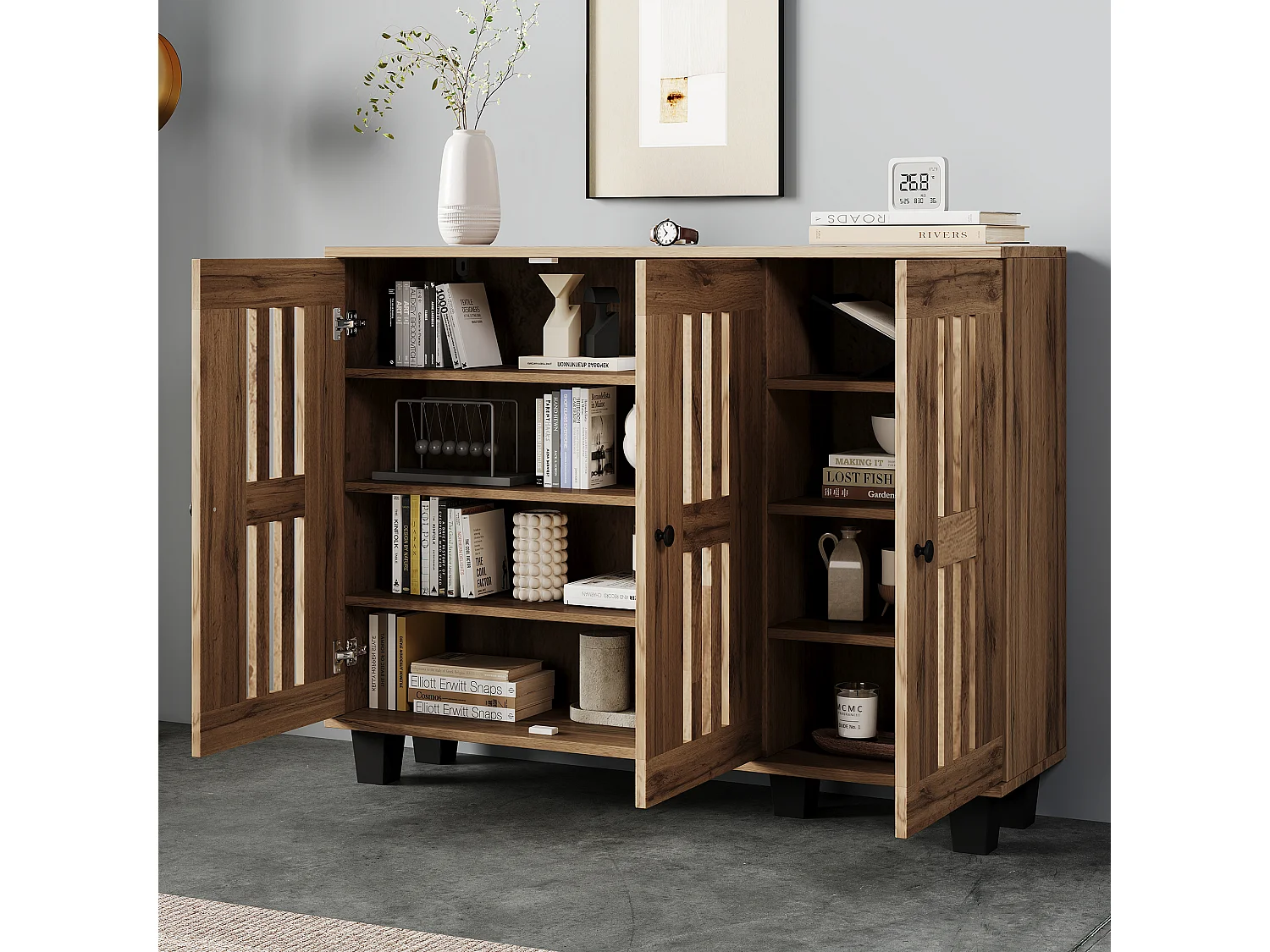 Buffet 120x32x92 cm, 3 portes ajourées, 8 compartiments, panneaux de particules, bois naturel et pieds noirs