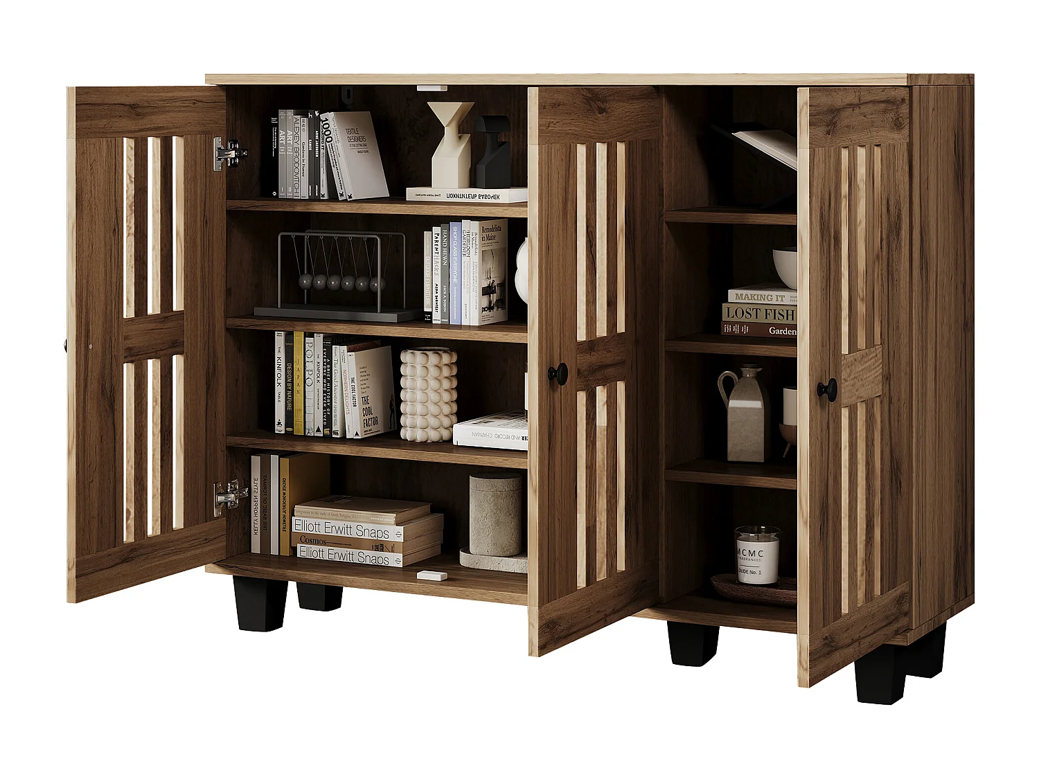 Buffet 120x32x92 cm, 3 portes ajourées, 8 compartiments, panneaux de particules, bois naturel et pieds noirs