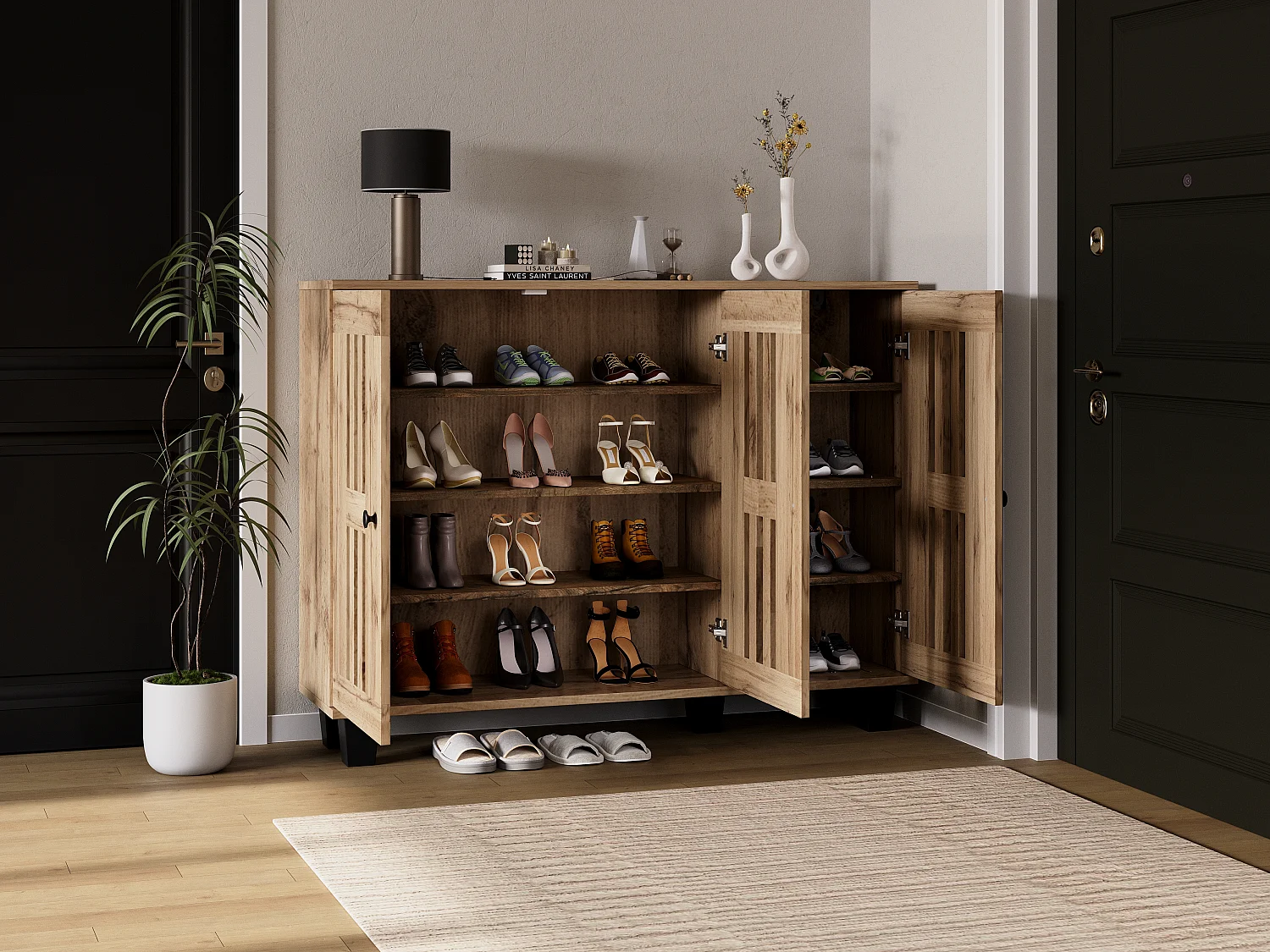 Buffet 120x32x92 cm, 3 portes ajourées, 8 compartiments, panneaux de particules, bois naturel et pieds noirs