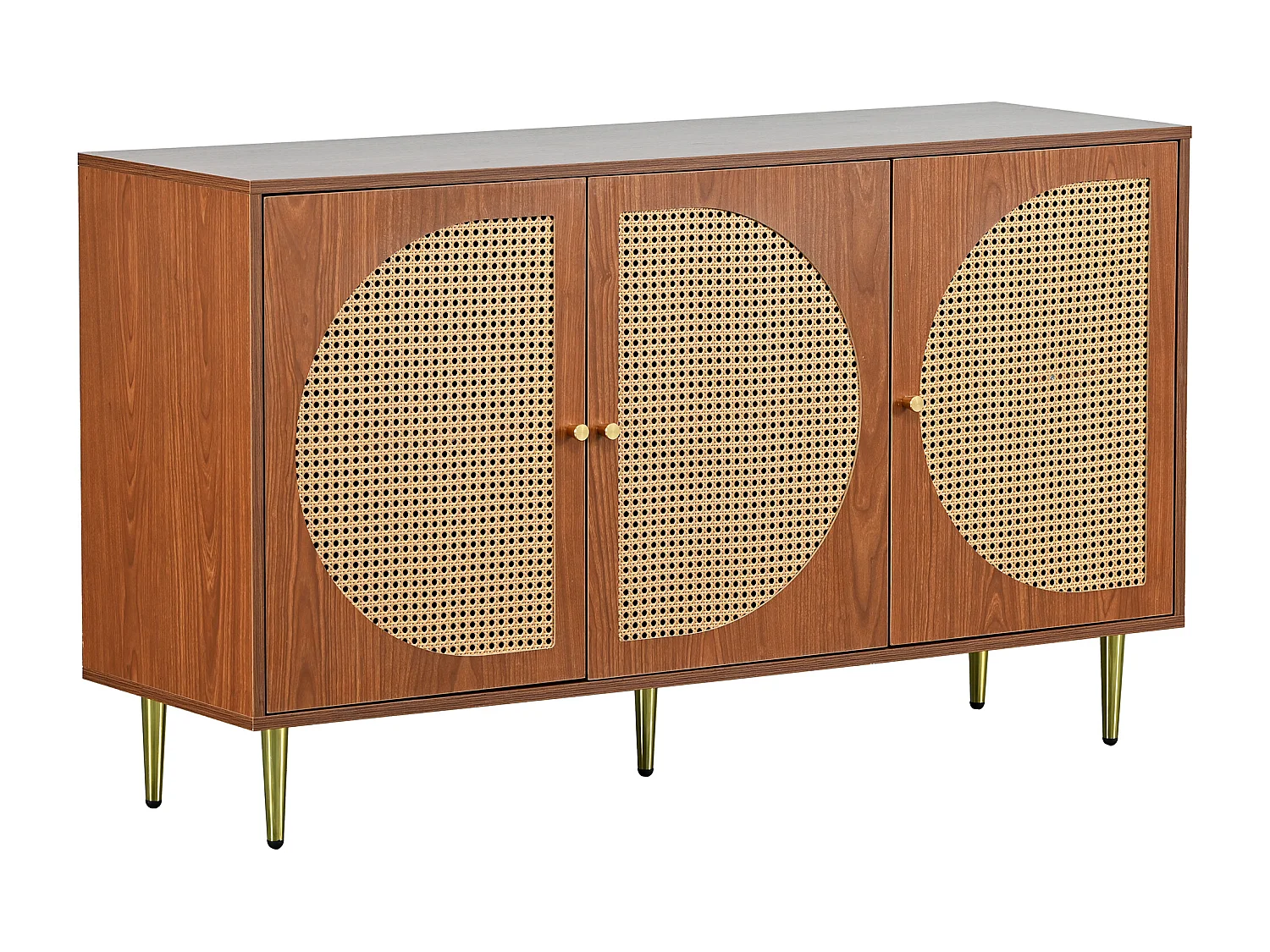 Buffet 129.8x40x76 cm, 3 portes avec cannage, étagères réglables, pieds en métal, panneaux de particules noyer
