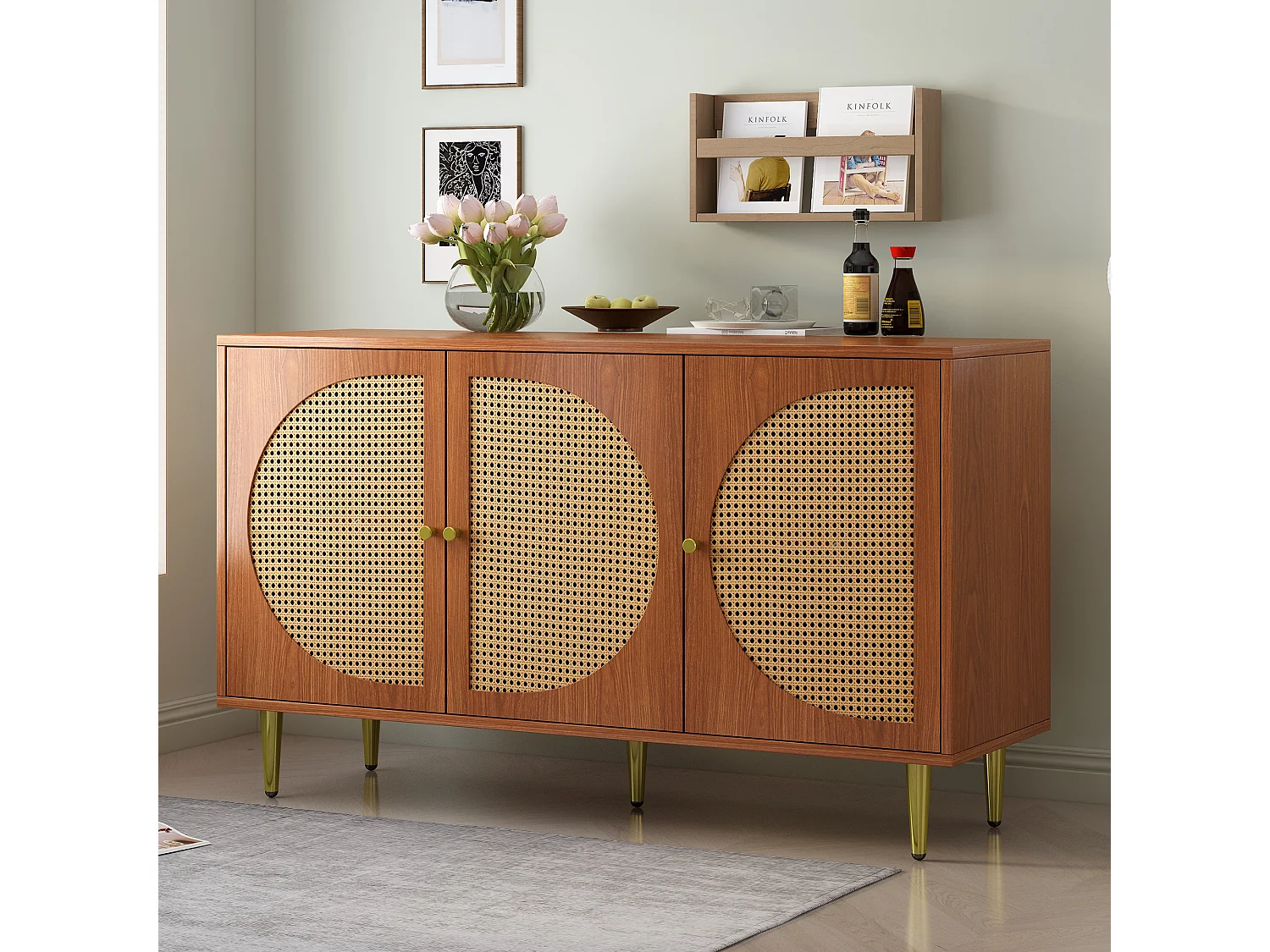 Buffet 129.8x40x76 cm, 3 portes avec cannage, étagères réglables, pieds en métal, panneaux de particules noyer