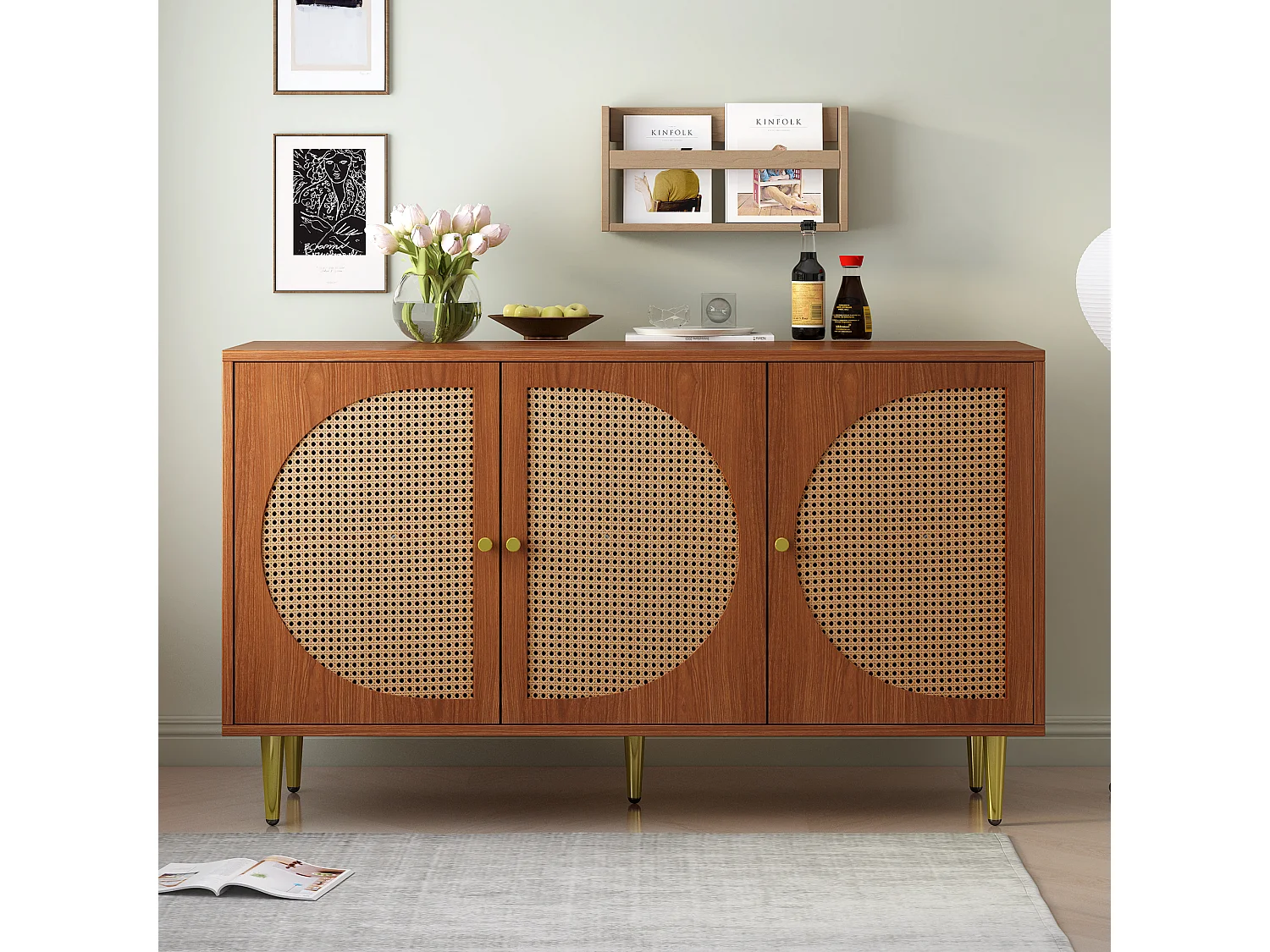 Buffet 129.8x40x76 cm, 3 portes avec cannage, étagères réglables, pieds en métal, panneaux de particules noyer