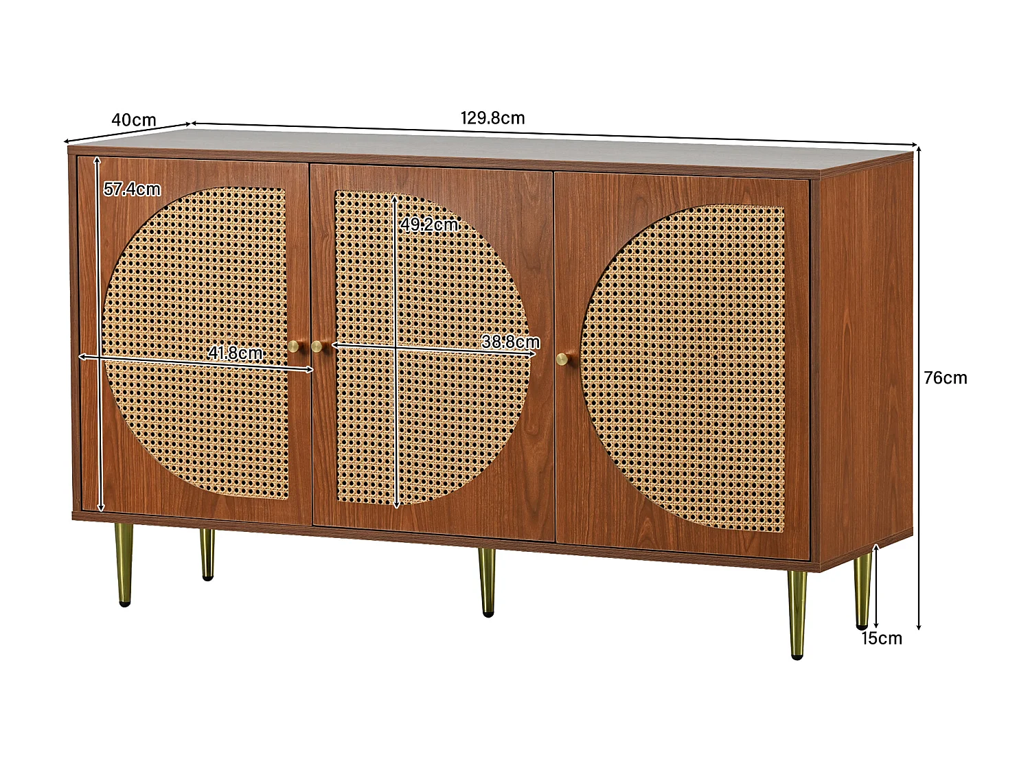 Buffet 129.8x40x76 cm, 3 portes avec cannage, étagères réglables, pieds en métal, panneaux de particules noyer
