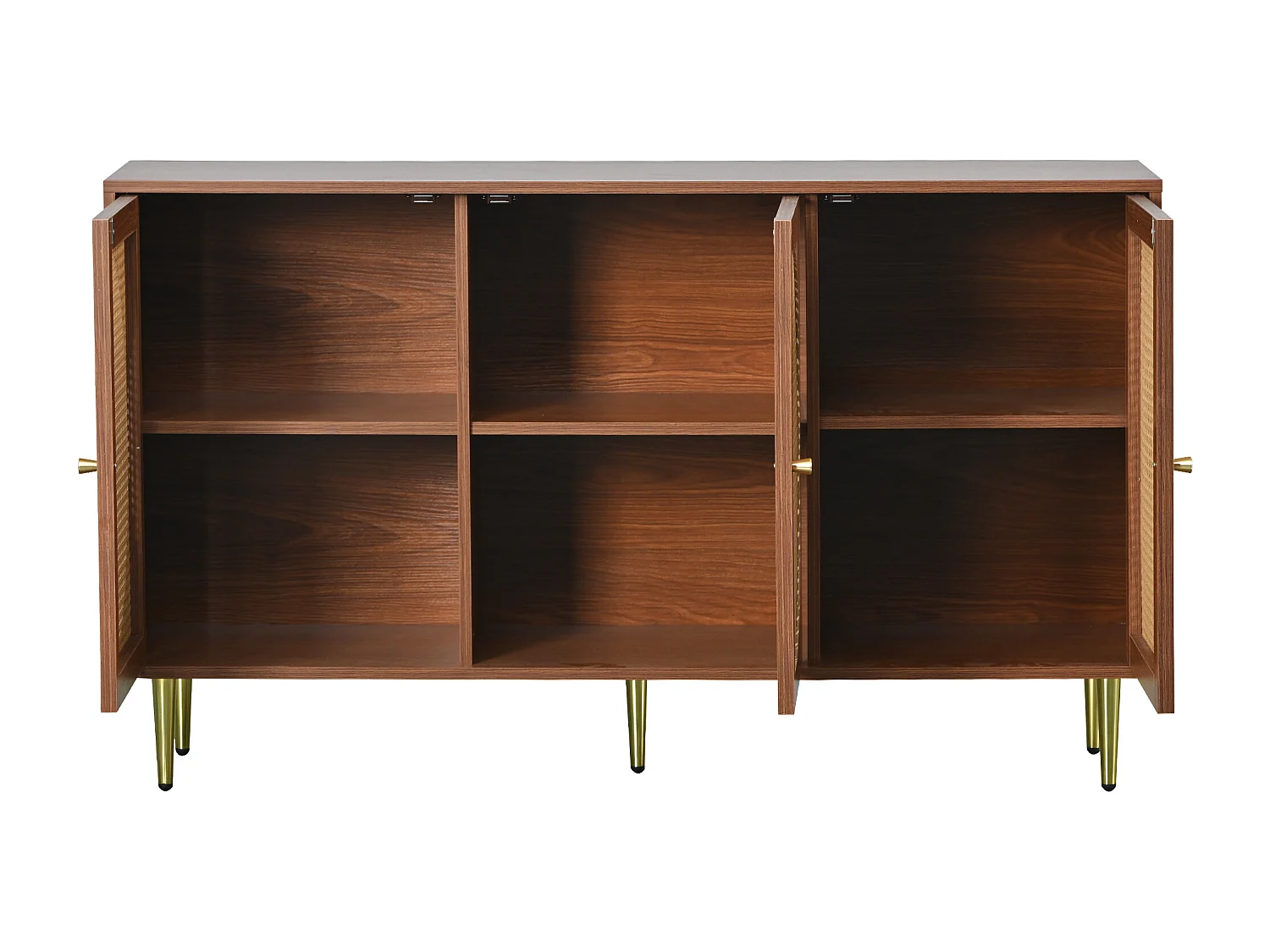 Buffet 129.8x40x76 cm, 3 portes avec cannage, étagères réglables, pieds en métal, panneaux de particules noyer