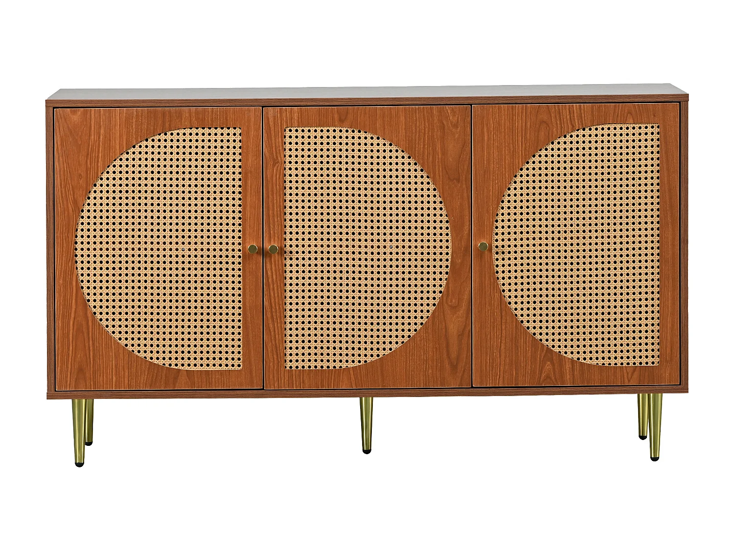 Buffet 129.8x40x76 cm, 3 portes avec cannage, étagères réglables, pieds en métal, panneaux de particules noyer