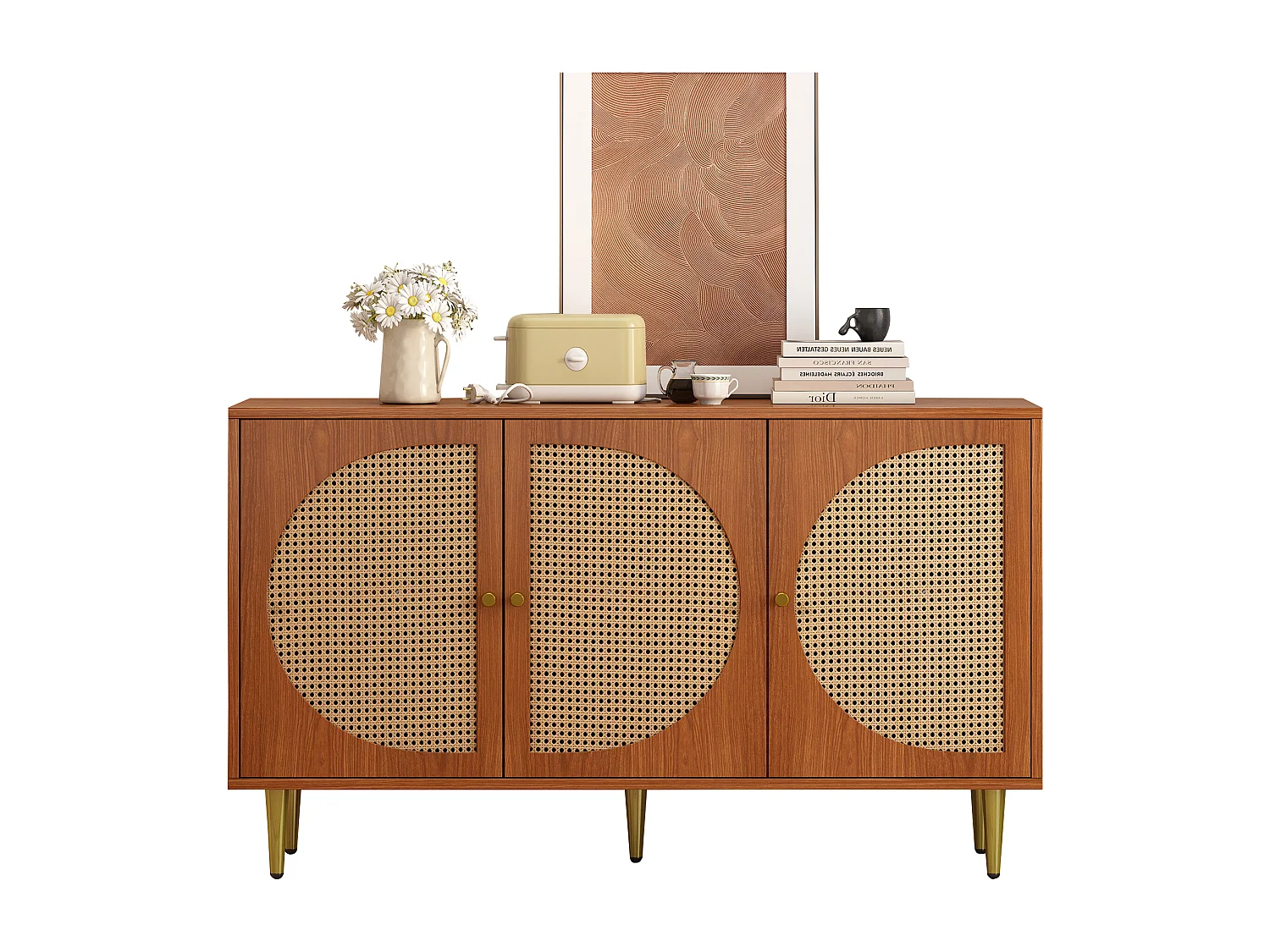 Buffet 129.8x40x76 cm, 3 portes avec cannage, étagères réglables, pieds en métal, panneaux de particules noyer