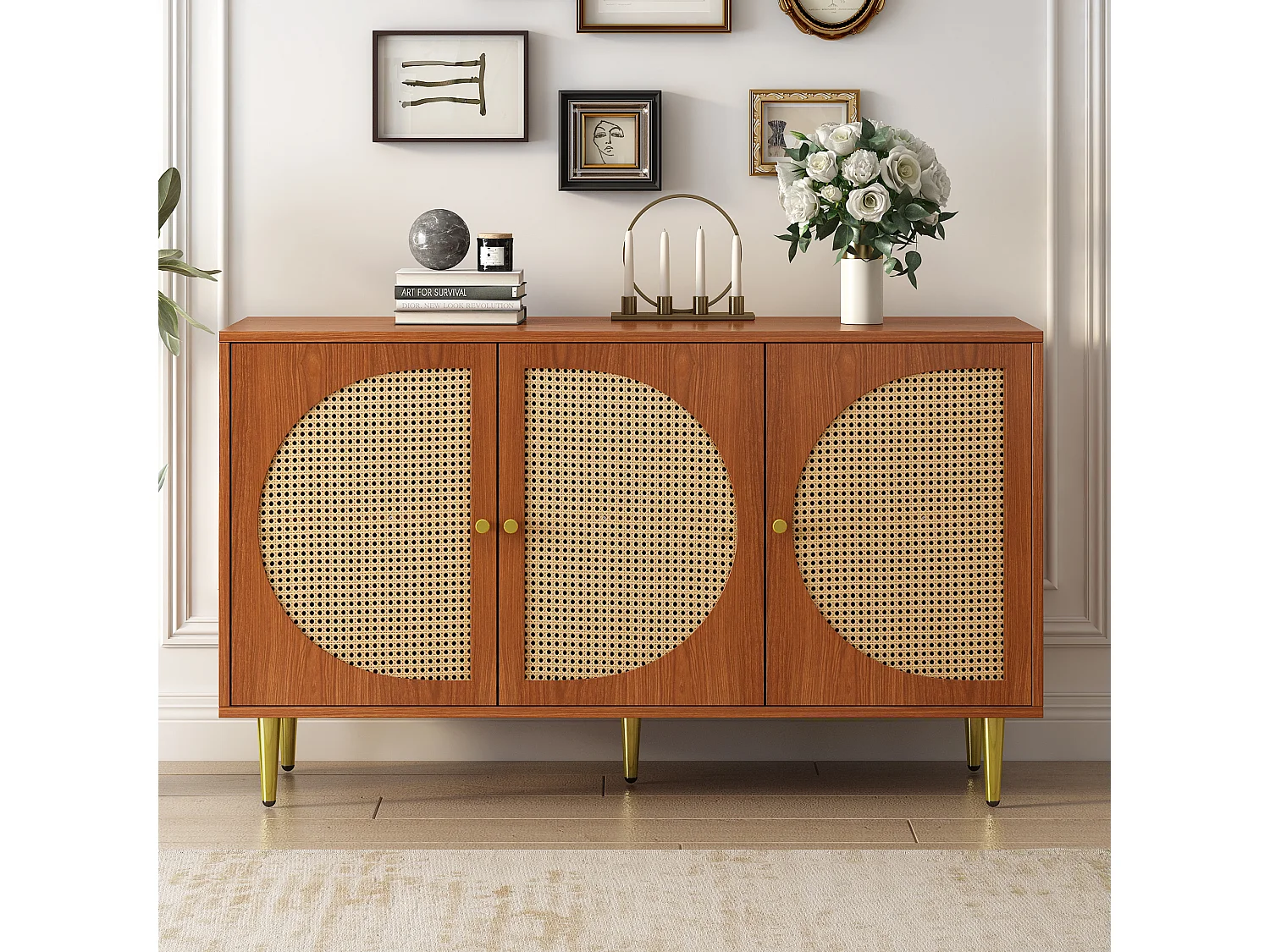 Buffet 129.8x40x76 cm, 3 portes avec cannage, étagères réglables, pieds en métal, panneaux de particules noyer
