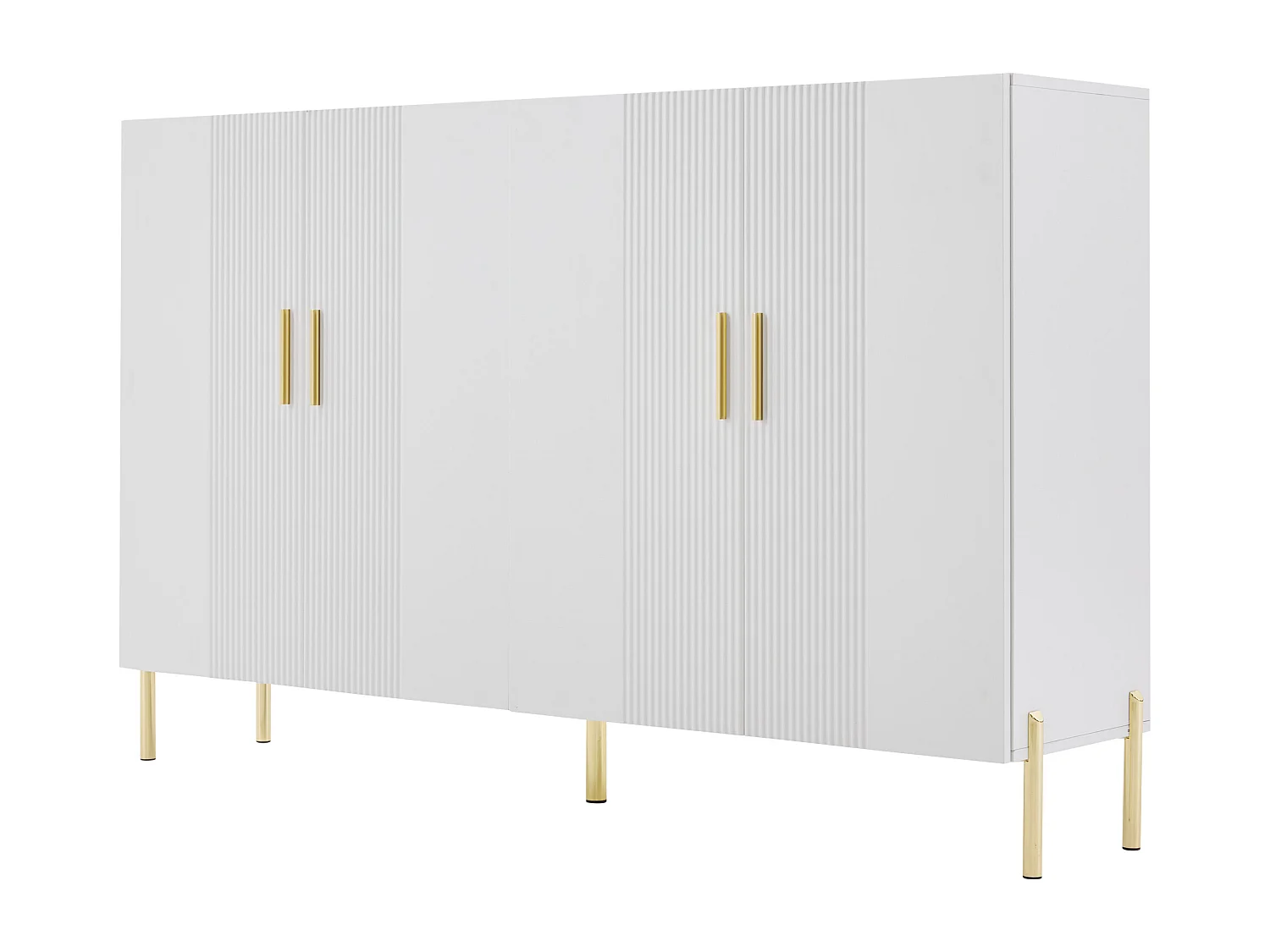 Buffet 160x35x100 cm, 4 portes, 2 espaces avec étagères réglables, panneaux de particules et métal, blanc et doré