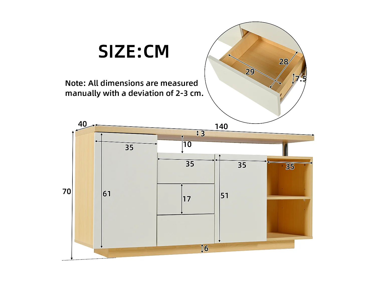 Buffet 140x40x70 cm LED avec 2 portes 3 tiroirs et rangement ouvert - meuble de rangement en bois - blanc
