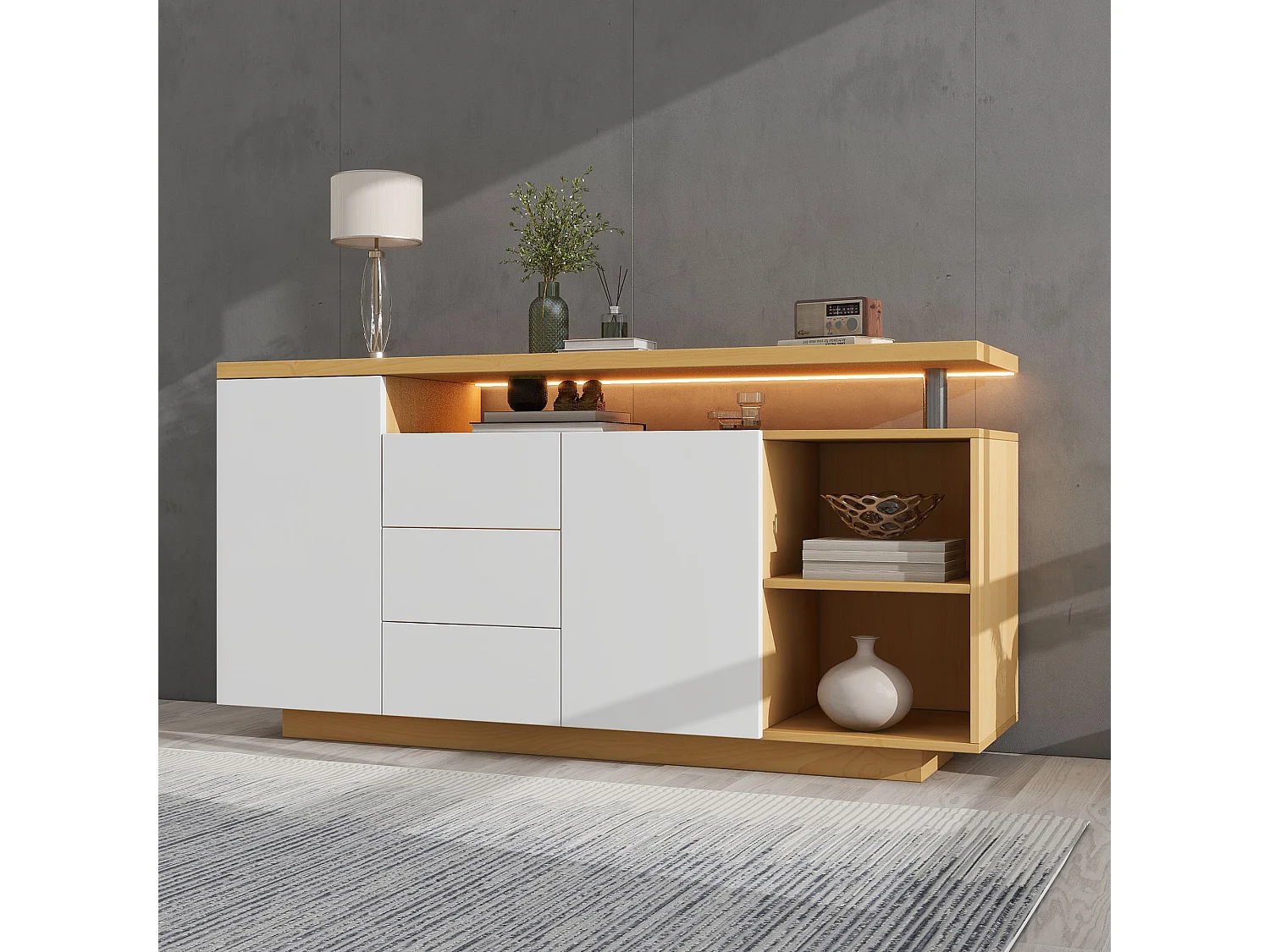Buffet 140x40x70 cm, 2 portes 3 tiroirs 2 niches, éclairage LED, panneau de particules blanc et chêne clair