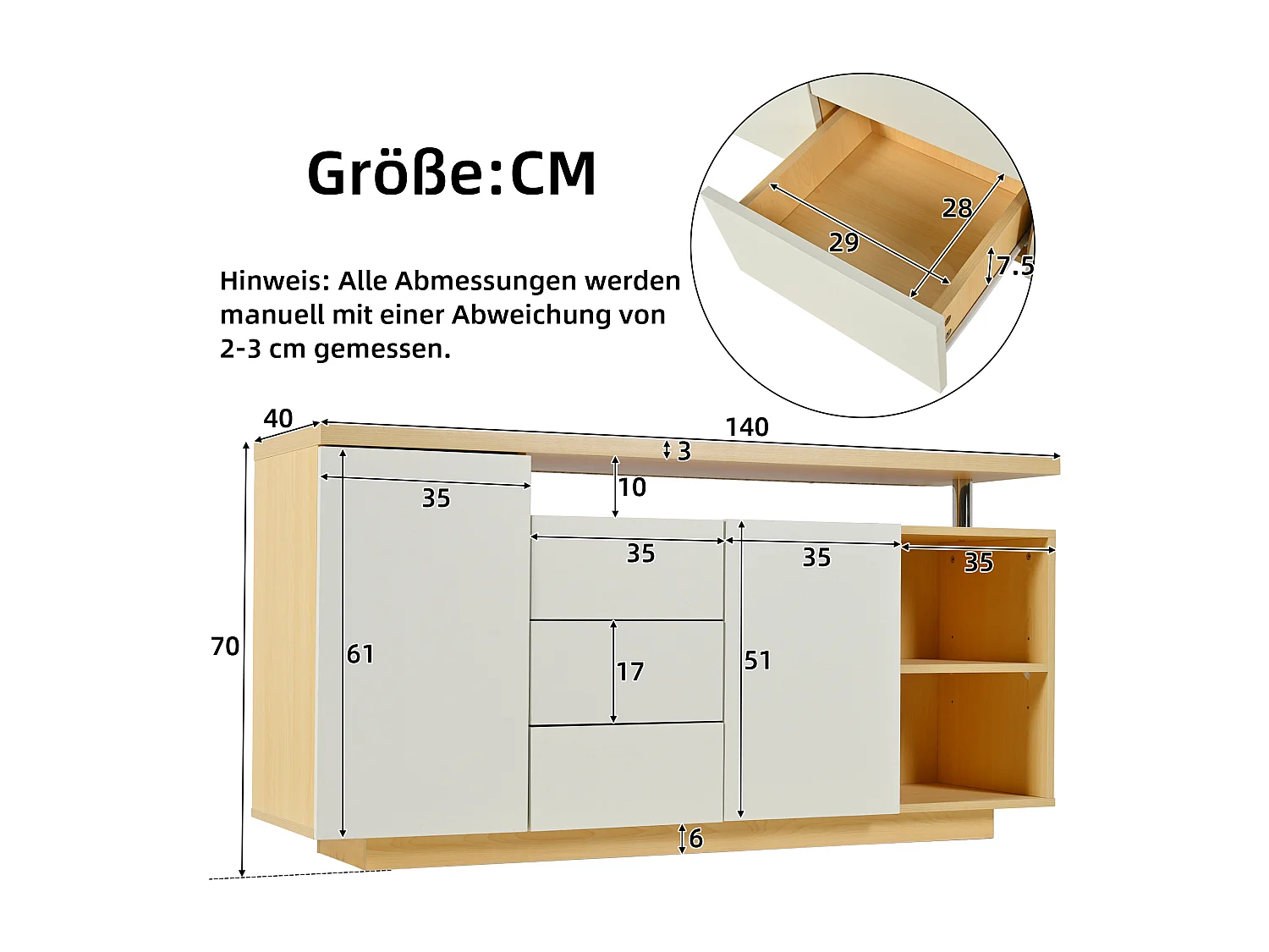 Buffet 140x40x70 cm, 2 portes 3 tiroirs 2 niches, éclairage LED, panneau de particules blanc et chêne clair