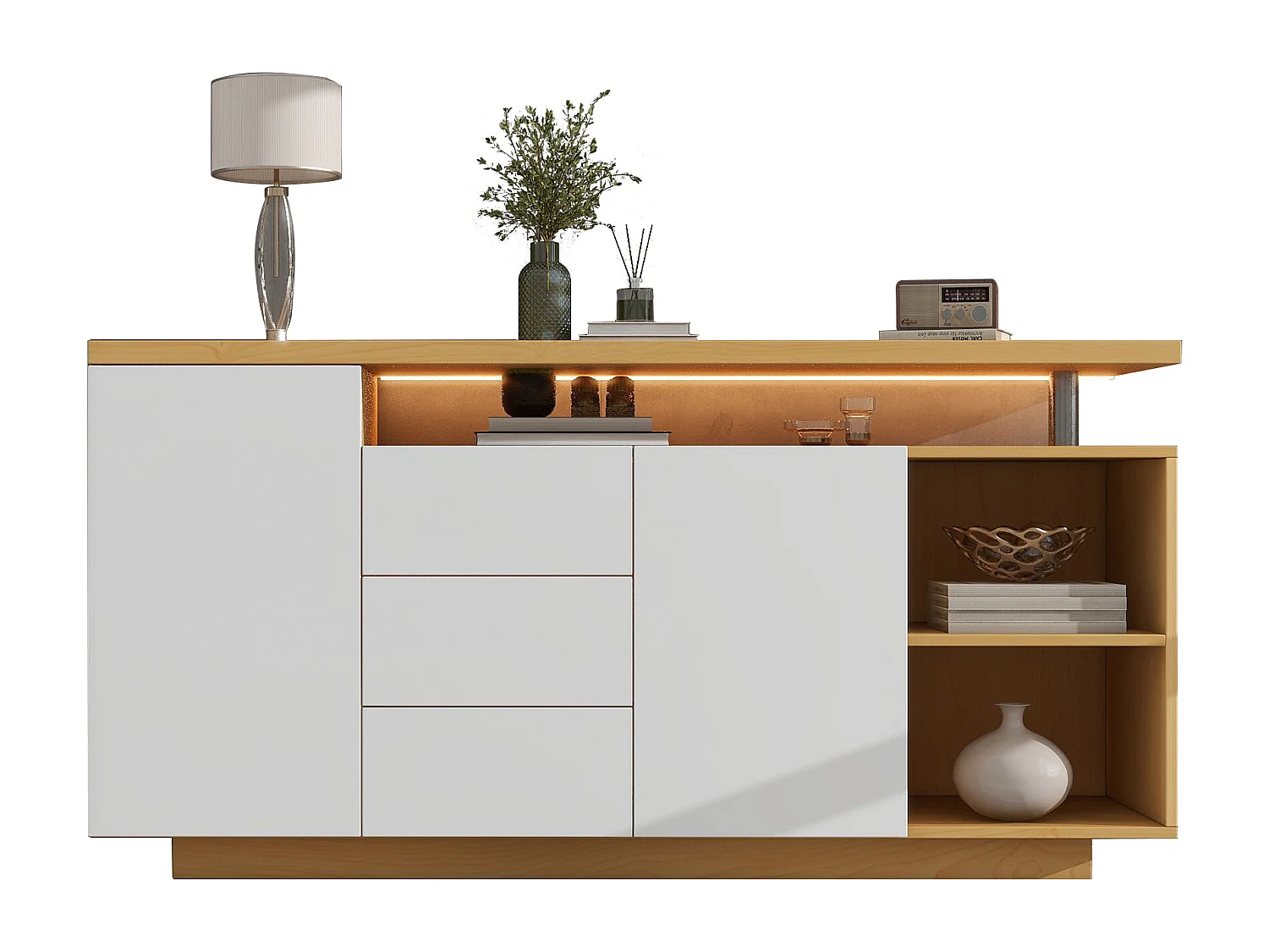 Buffet 140x40x70 cm, 2 portes 3 tiroirs 2 niches, éclairage LED, panneau de particules blanc et chêne clair