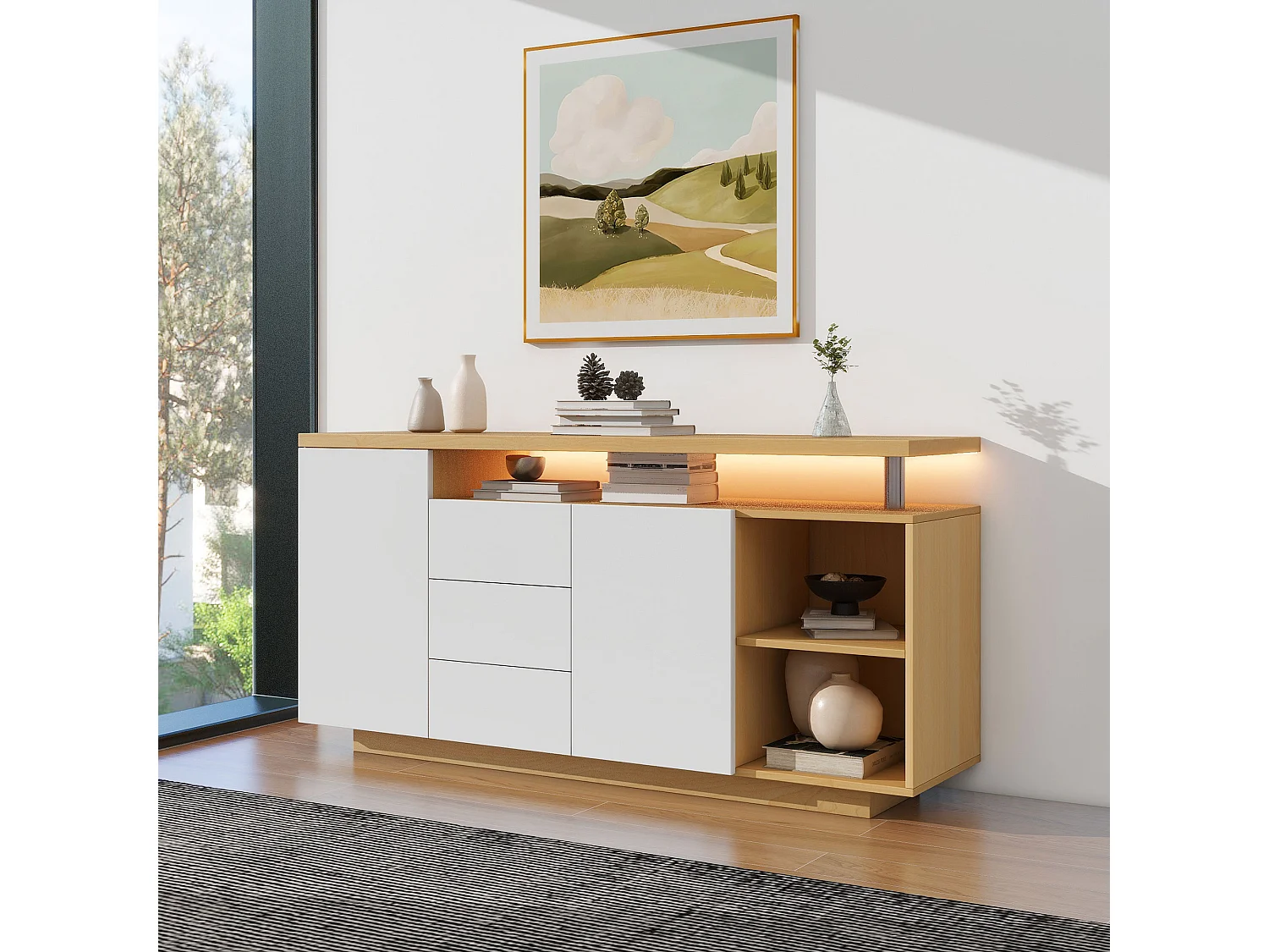 Buffet 140x40x70 cm, 2 portes 3 tiroirs 2 niches, éclairage LED, panneau de particules blanc et chêne clair
