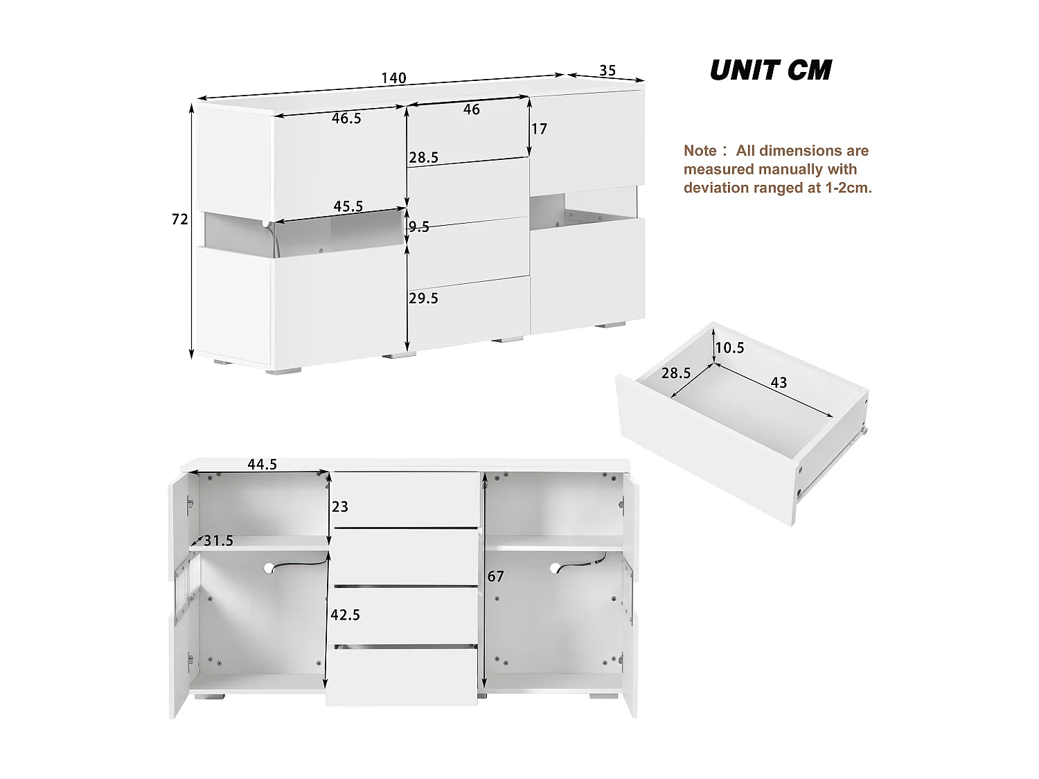 Buffet 140x35x72 cm, LED RGB avec télécommande, 2 portes acryliques et 4 tiroirs, MDF blanc