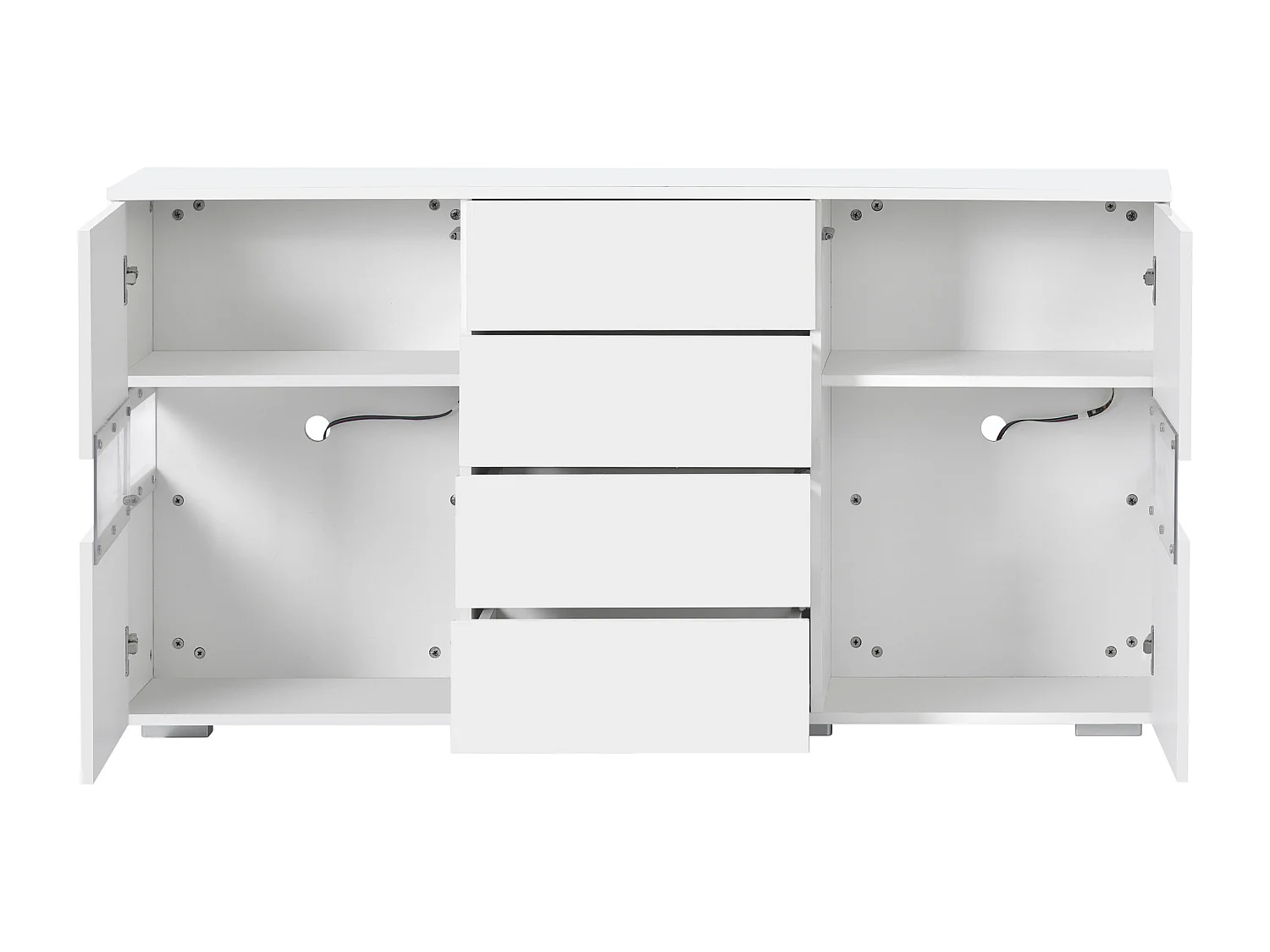 Buffet 140x35x72 cm, LED RGB avec télécommande, 2 portes acryliques et 4 tiroirs, MDF blanc