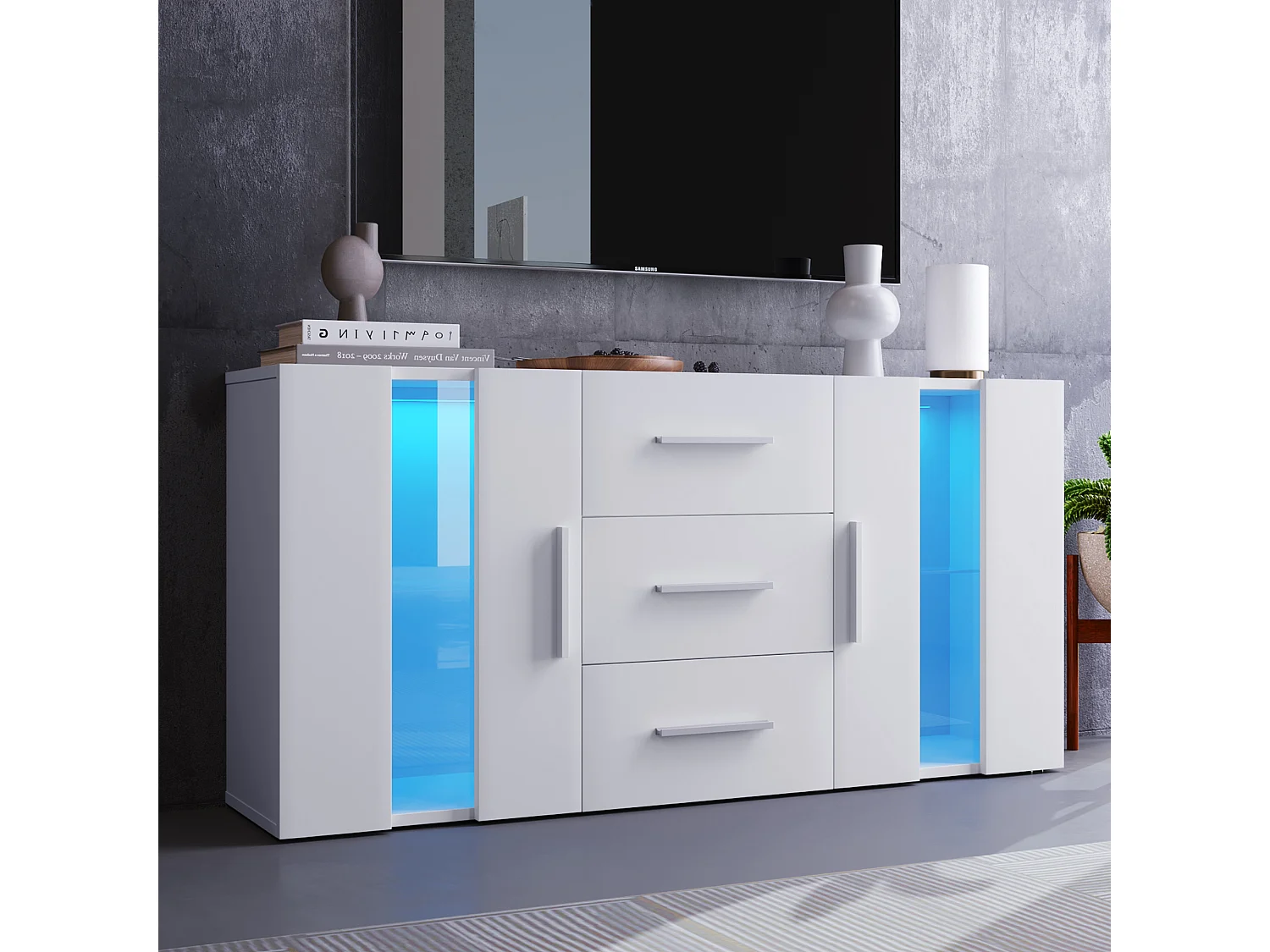 Buffet 140x35x72 cm LED avec 2 portes 3 tiroirs - meuble de rangement - bois - blanc
