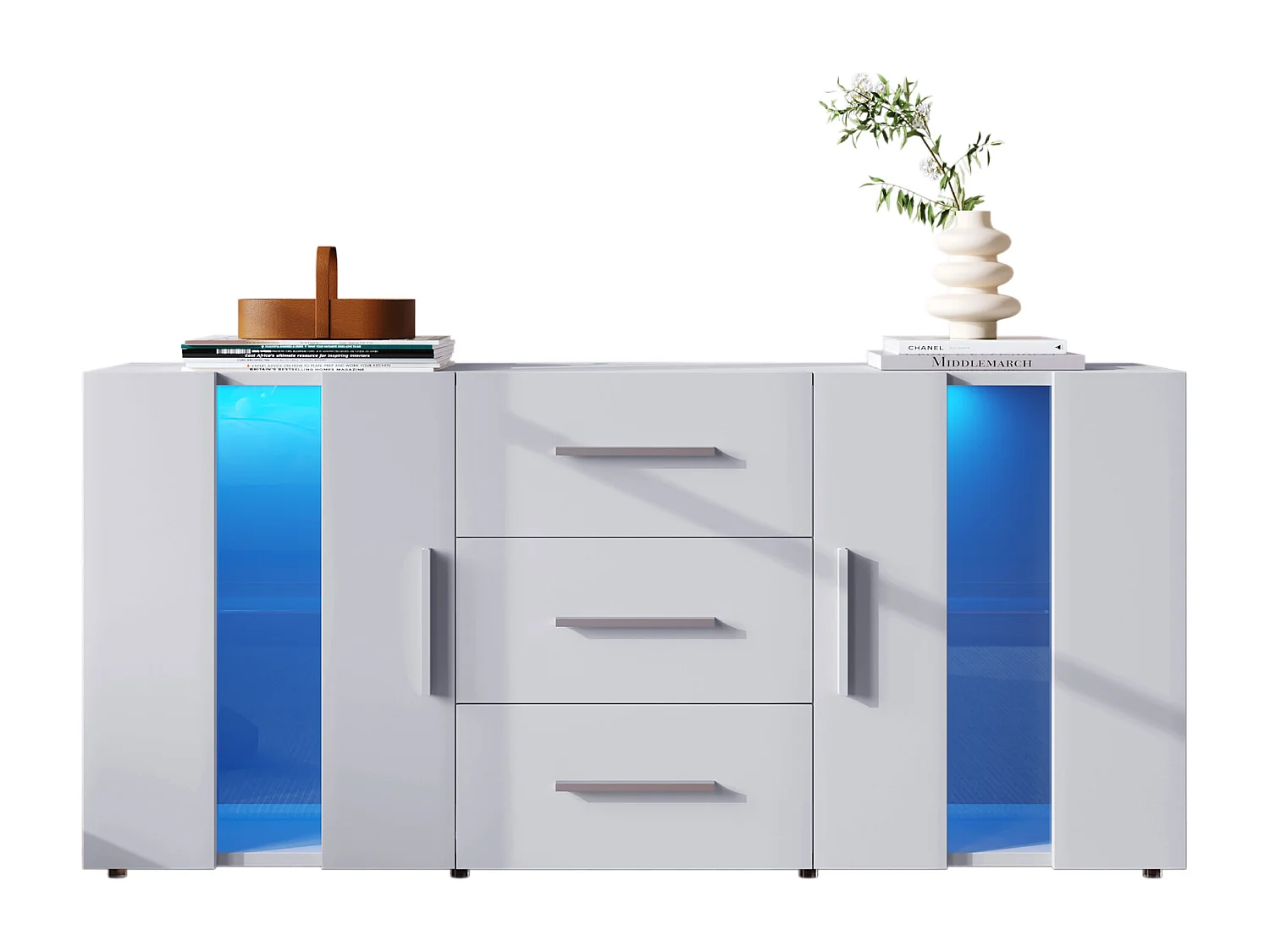 Buffet 140x35x72 cm LED avec 2 portes 3 tiroirs - meuble de rangement - bois - blanc