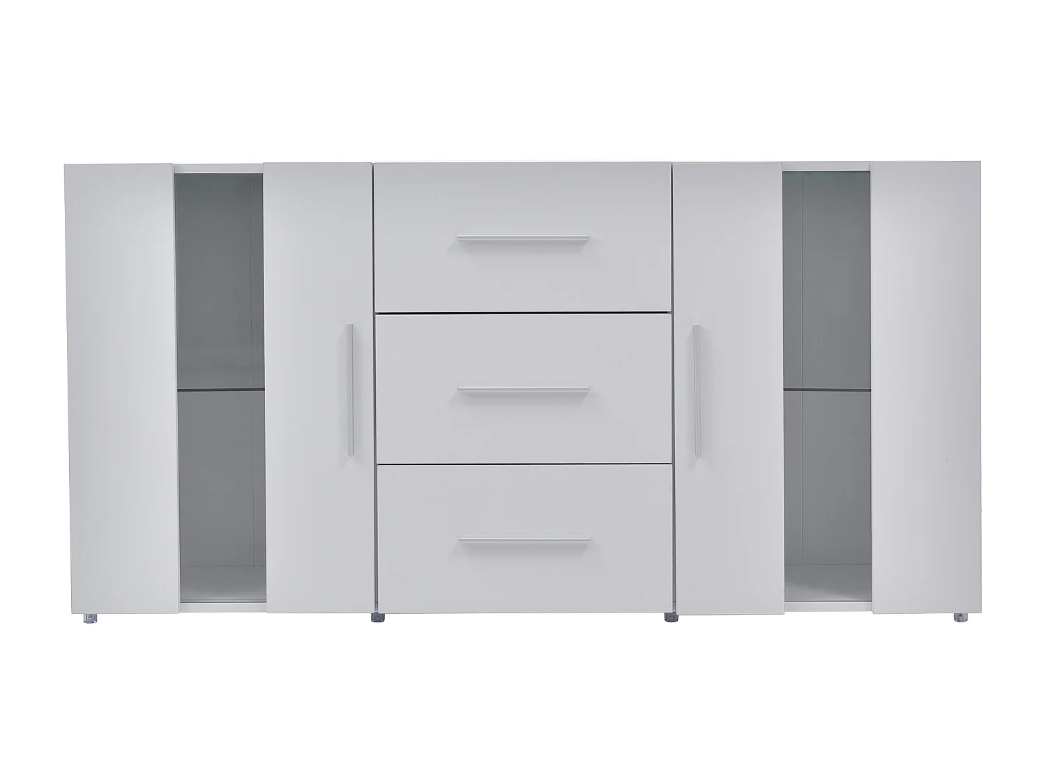 Buffet 140x35x70 cm, éclairage LED USB, 3 tiroirs et 2 placards, étagères amovibles, MDF blanc