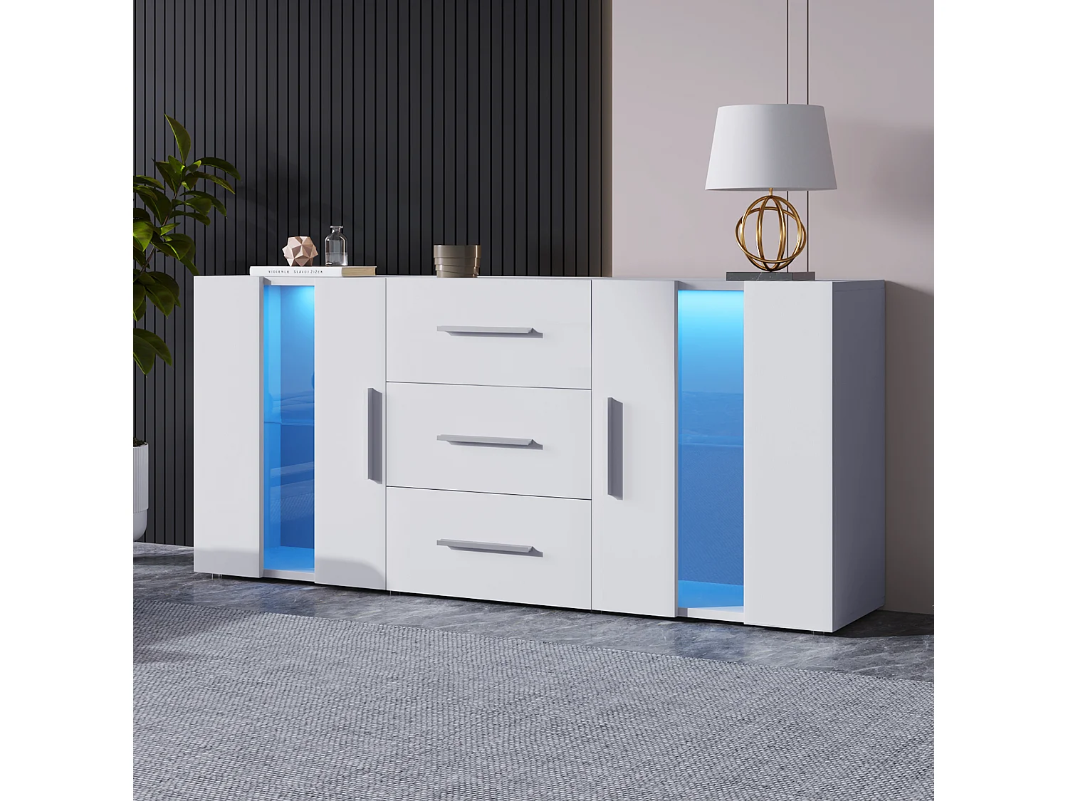 Buffet 140x35x70 cm, éclairage LED USB, 3 tiroirs et 2 placards, étagères amovibles, MDF blanc