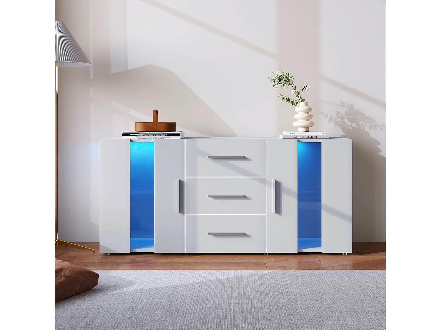 Buffet 140x35x70 cm, éclairage LED USB, 3 tiroirs et 2 placards, étagères amovibles, MDF blanc