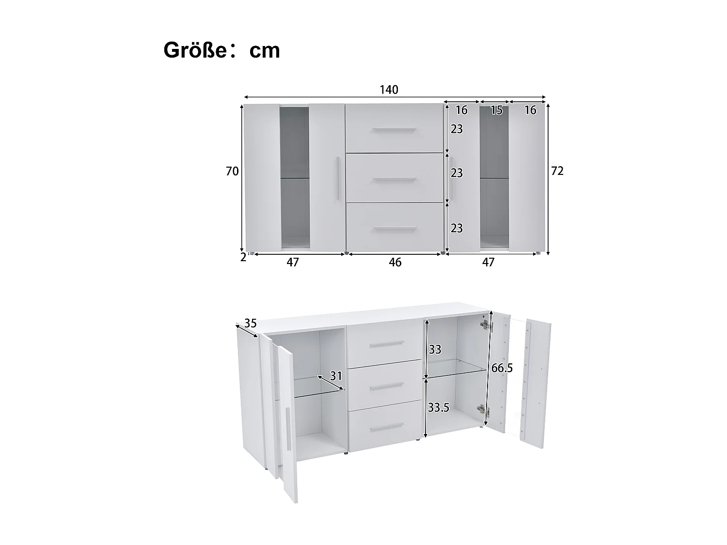 Buffet 140x35x70 cm, éclairage LED USB, 3 tiroirs et 2 placards, étagères amovibles, MDF blanc
