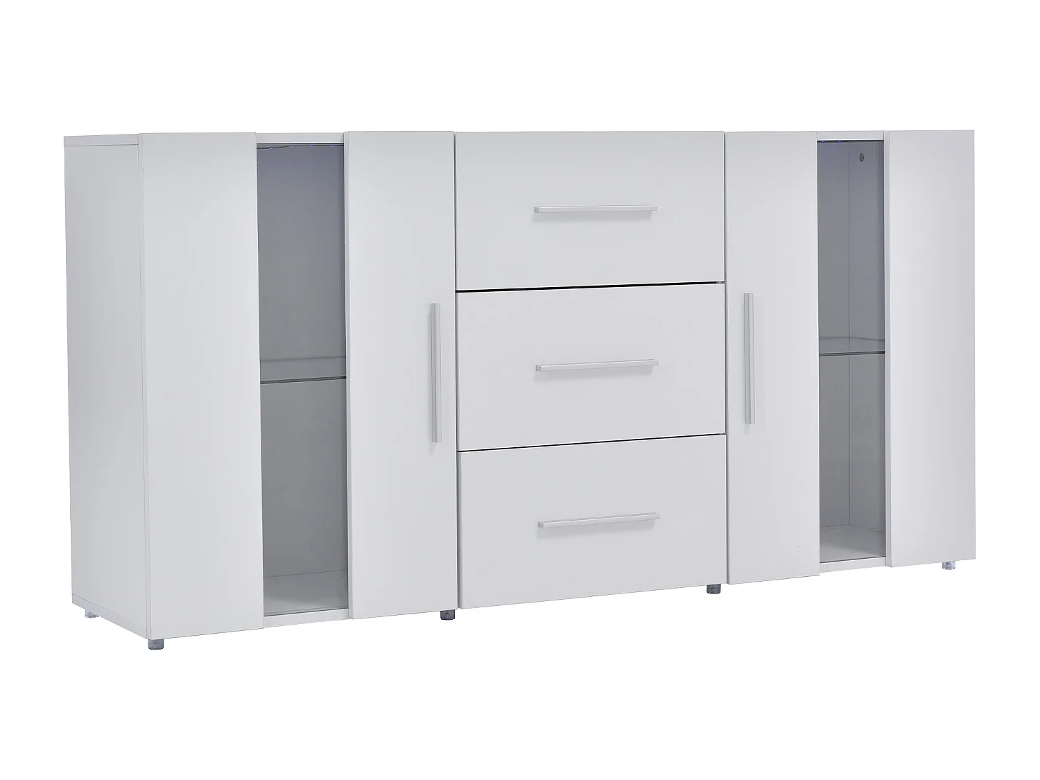 Buffet 140x35x70 cm, éclairage LED USB, 3 tiroirs et 2 placards, étagères amovibles, MDF blanc