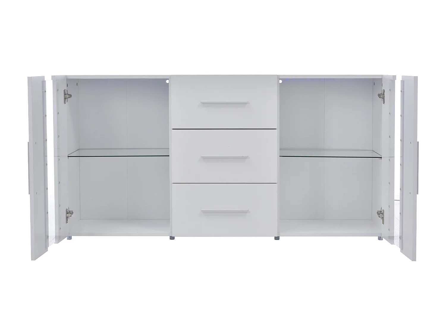 Buffet 140x35x70 cm, éclairage LED USB, 3 tiroirs et 2 placards, étagères amovibles, MDF blanc