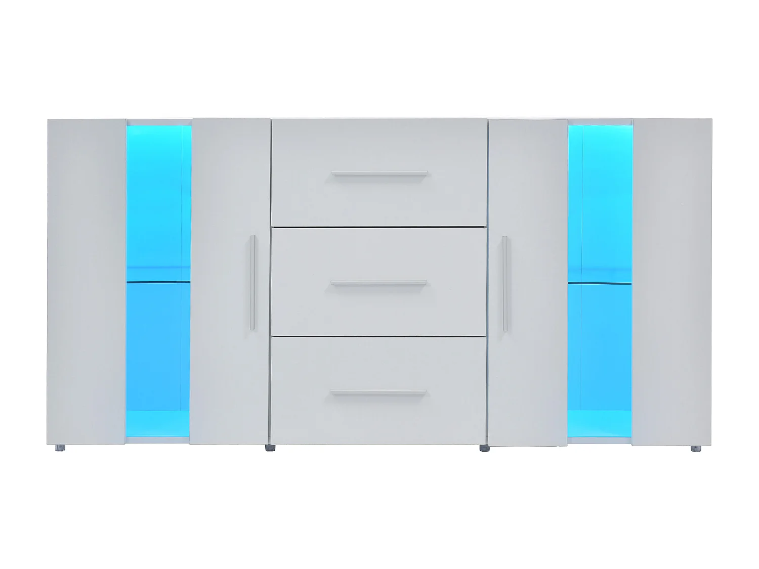 Buffet 140x35x70 cm, éclairage LED USB, 3 tiroirs et 2 placards, étagères amovibles, MDF blanc