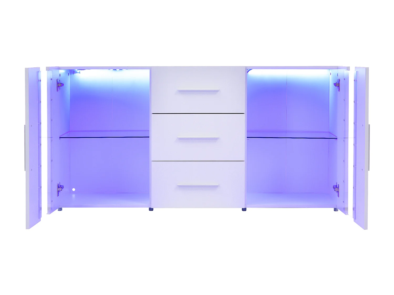 Buffet 140x35x70 cm, éclairage LED USB, 3 tiroirs et 2 placards, étagères amovibles, MDF blanc