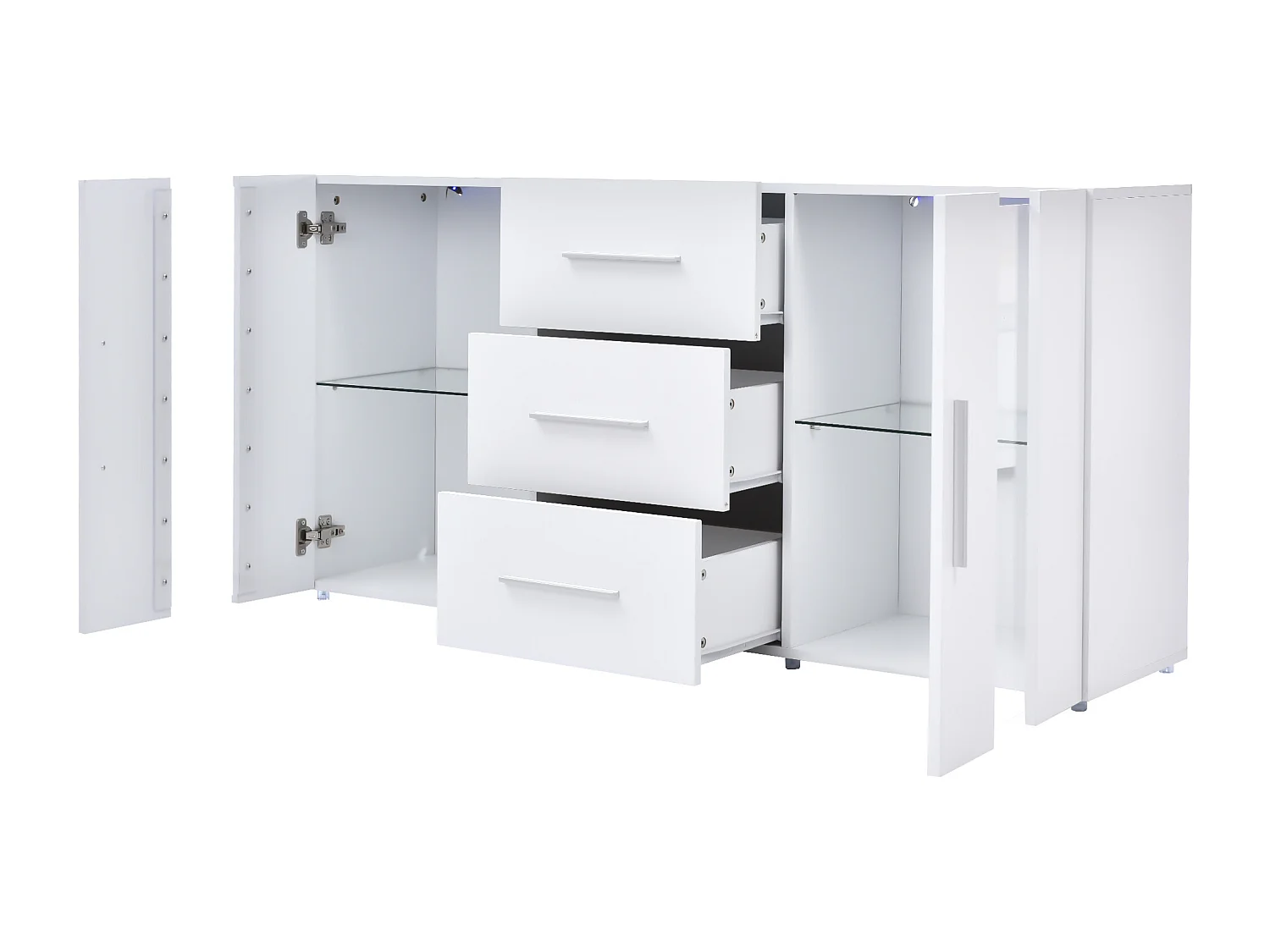 Buffet 140x35x70 cm, éclairage LED USB, 3 tiroirs et 2 placards, étagères amovibles, MDF blanc