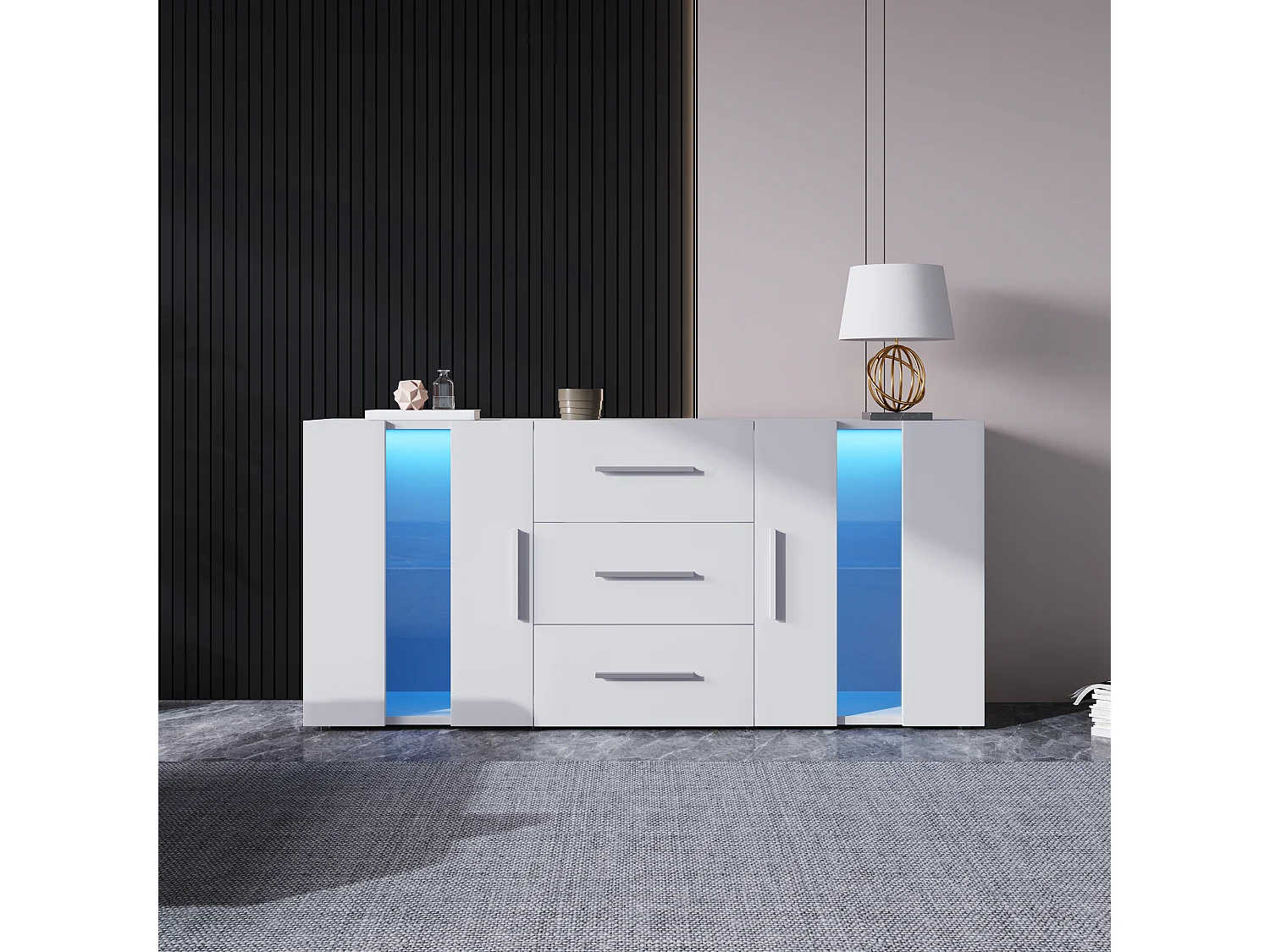 Buffet 140x35x70 cm, éclairage LED USB, 3 tiroirs et 2 placards, étagères amovibles, MDF blanc