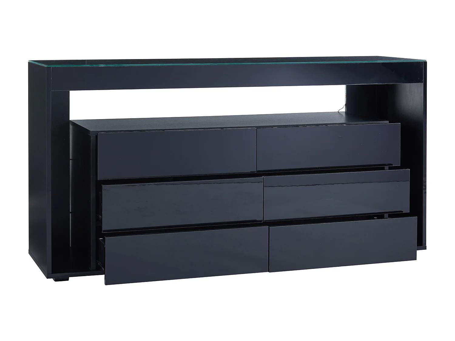 Buffet 140x40x70 cm, 6 tiroirs, LED 16 couleurs, plateau en verre trempé, panneaux de particules noir brillant