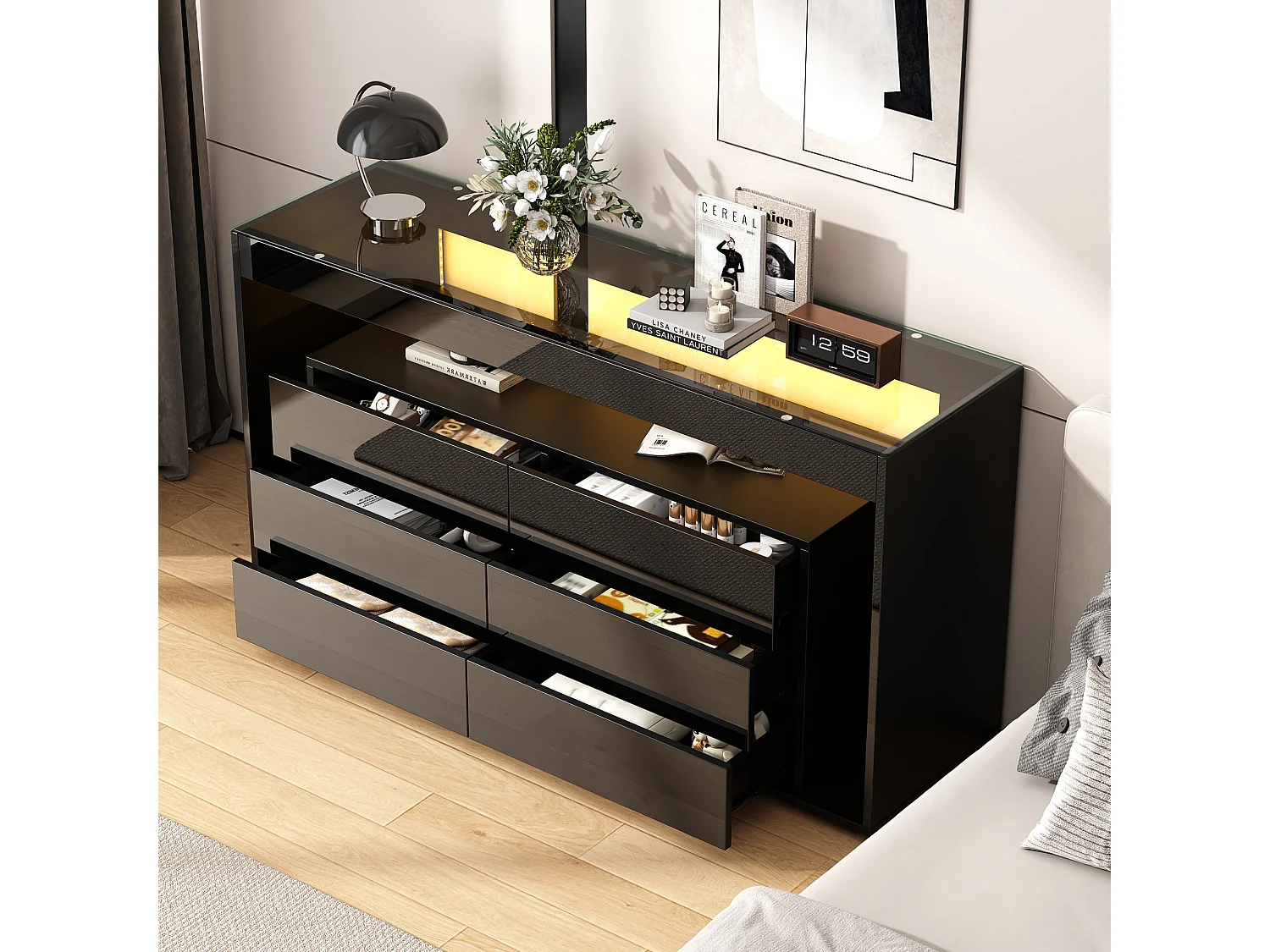 Buffet 140x40x70 cm, 6 tiroirs, LED 16 couleurs, plateau en verre trempé, panneaux de particules noir brillant