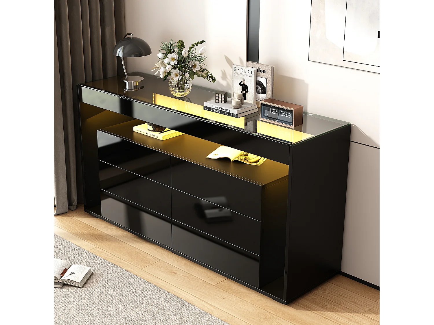 Buffet 140x40x70 cm, 6 tiroirs, LED 16 couleurs, plateau en verre trempé, panneaux de particules noir brillant